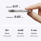 Vibe Dot AI note taker specs: 0.83oz, 0.17in thin, 30+ hour battery, 64GB storage, 5-mic system