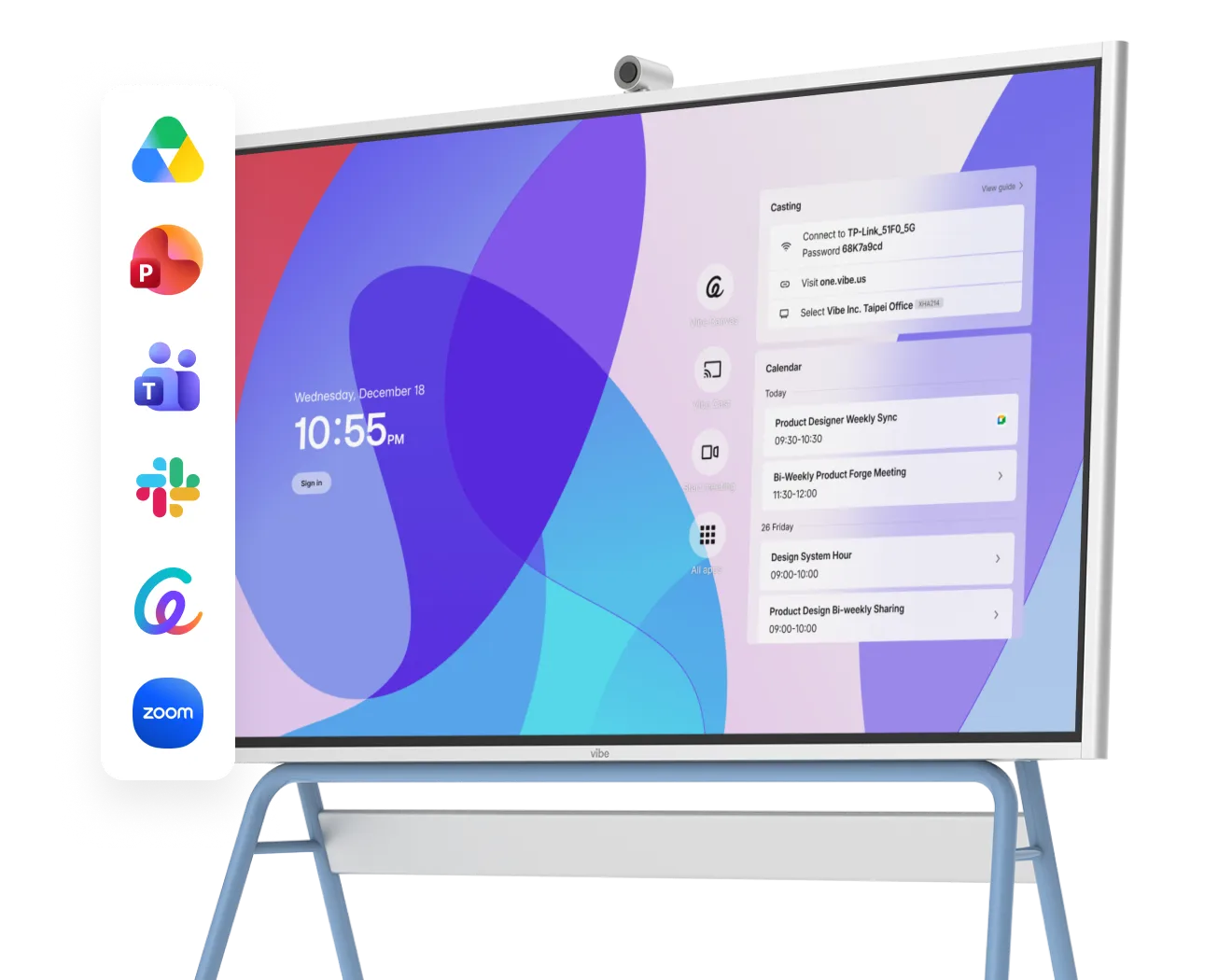 Vibe Smart Board on a rolling stand with app icons for Google Drive, PowerPoint, Microsoft Teams, Slack, Vibe Canvas and Zoom