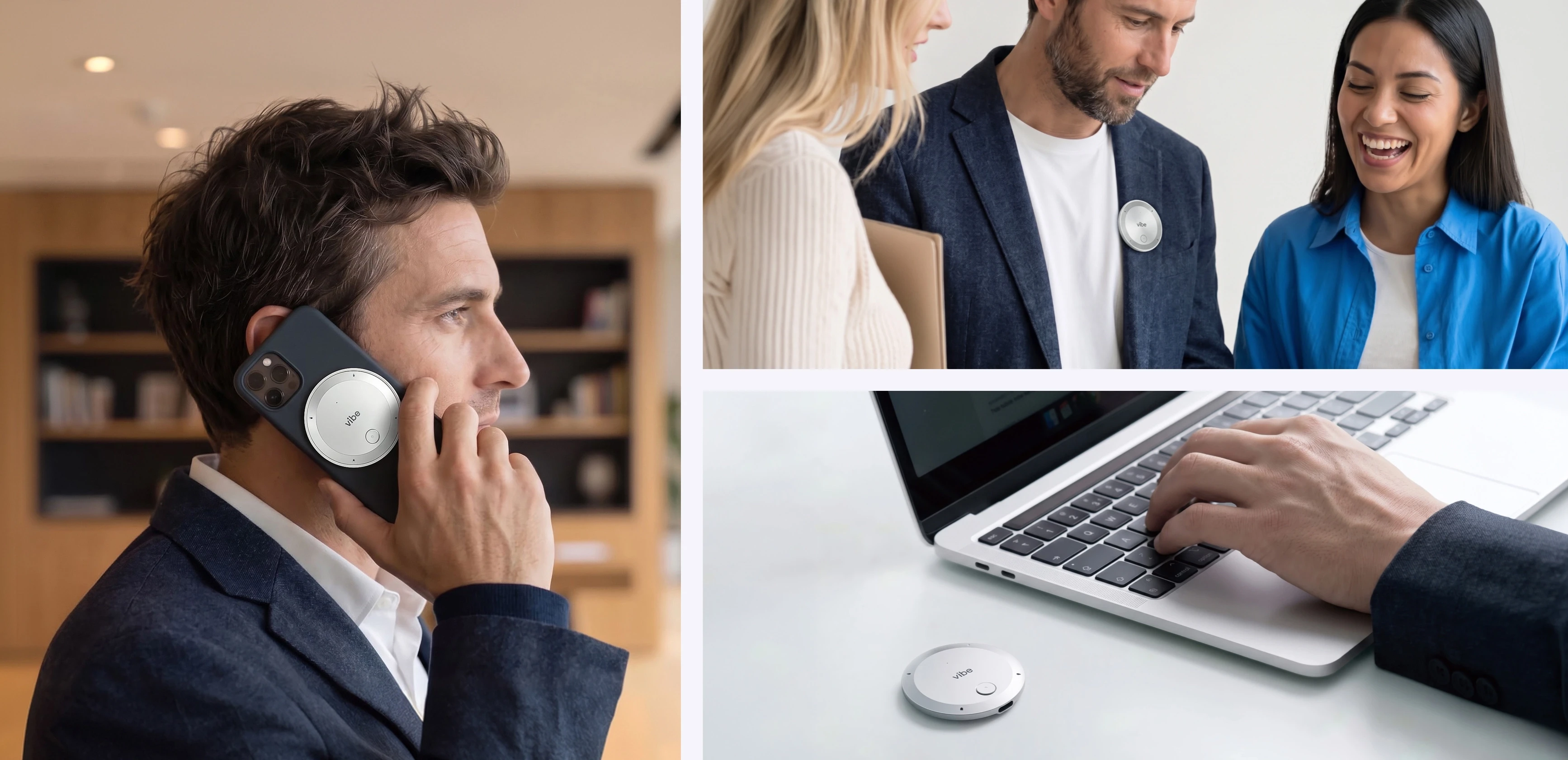 Vibe Dot AI voice recorder on phone call, clipped during meeting, and beside laptop
