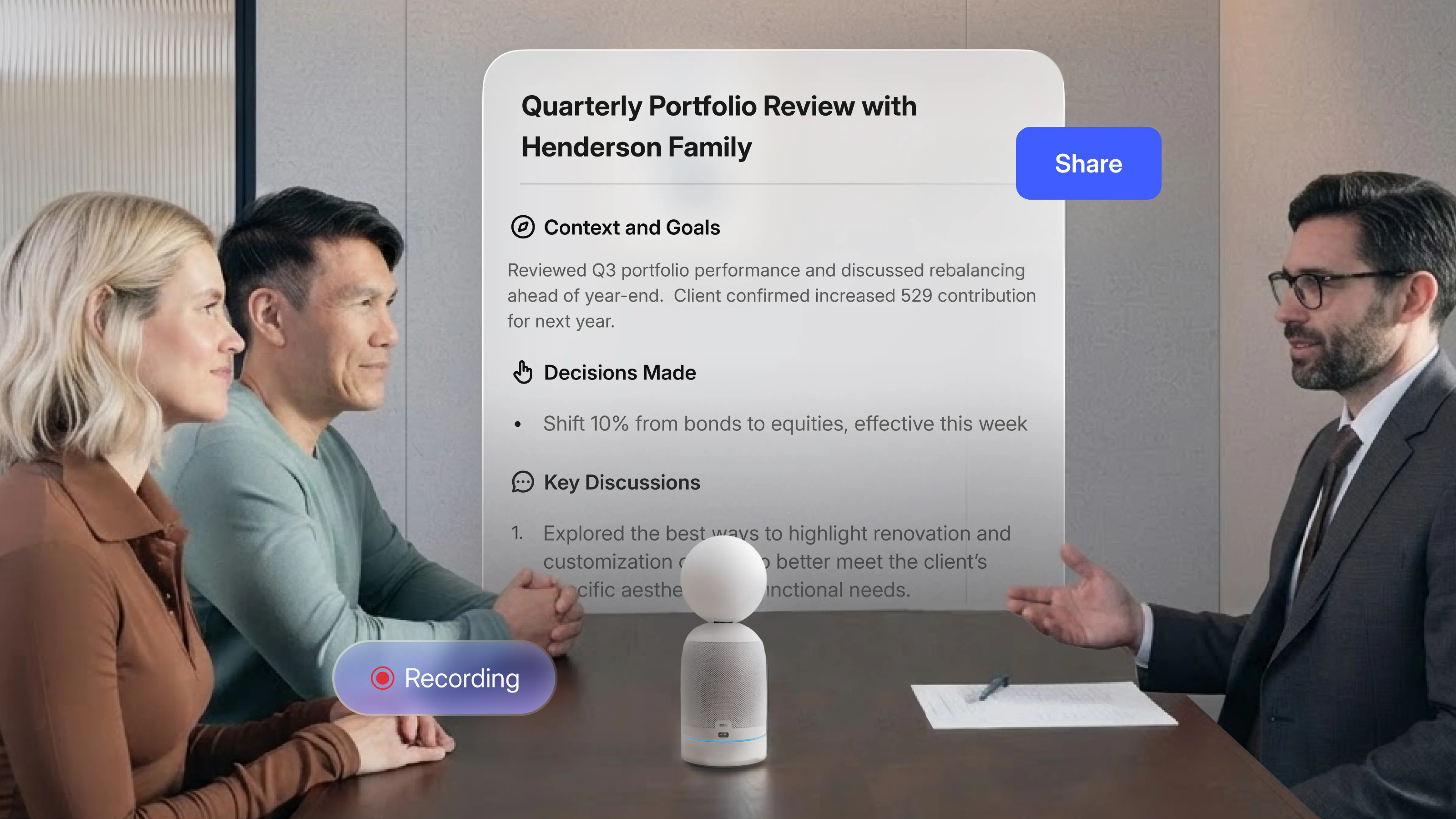 Vibe Bot AI conference device recording client meeting with auto-generated summary, decisions, and key discussion points