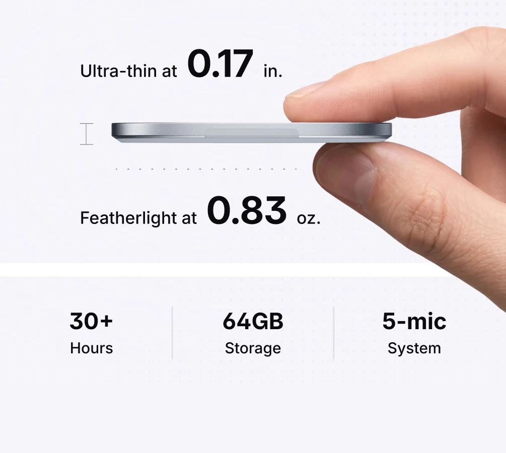Vibe Dot AI note taker specs: 0.83oz, 0.17in thin, 30+ hour battery, 64GB storage, 5-mic system