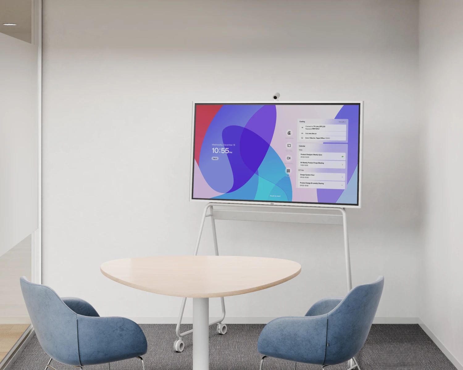 The Vibe Board S1 all-in-one smart whiteboard set up in a huddle room