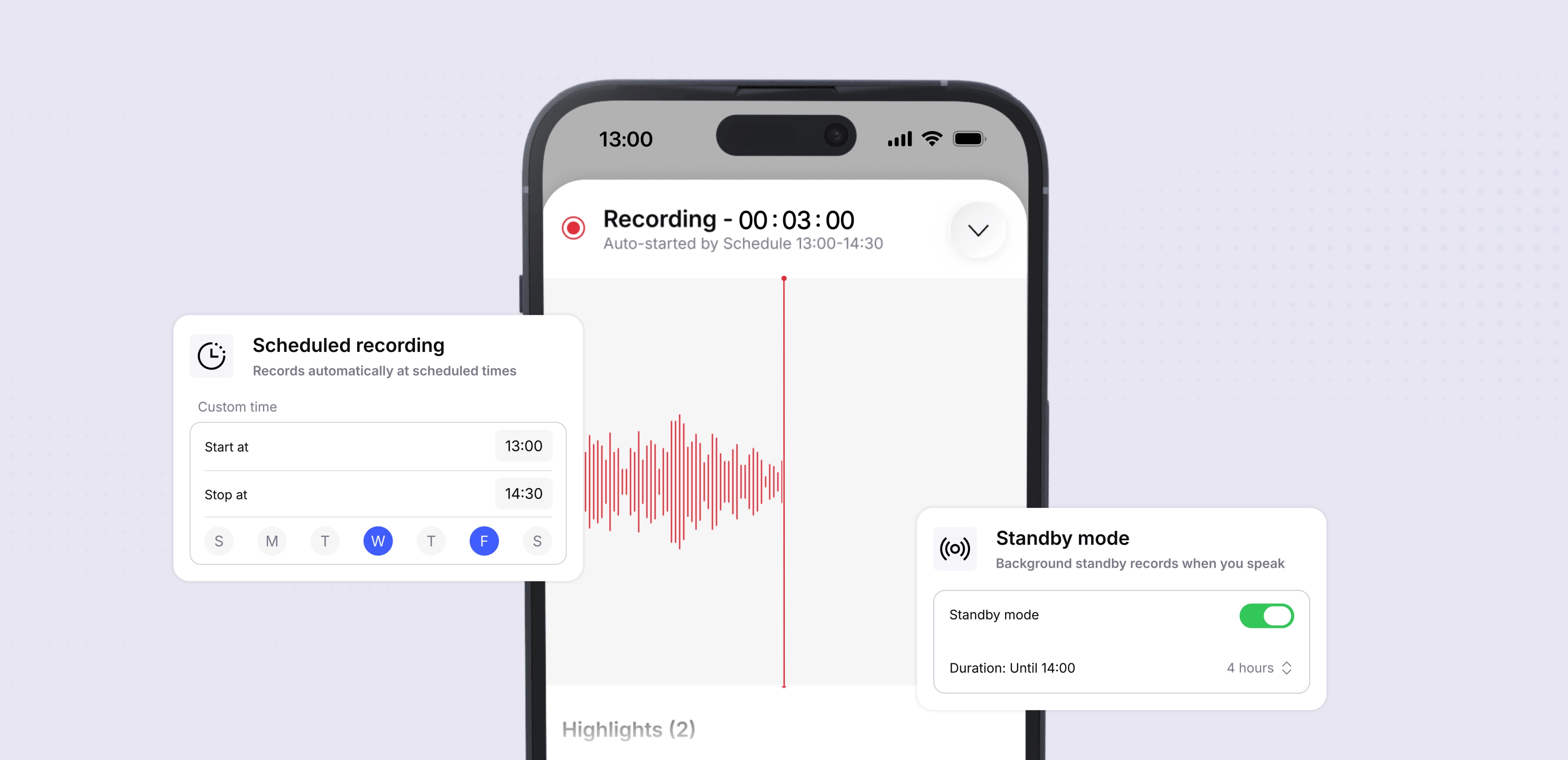 Vibe app screen showing scheduled recording and standby mode features