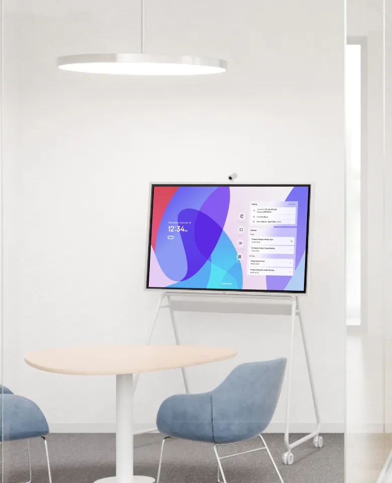 A Vibe smart whiteboard on a stand in a huddle room