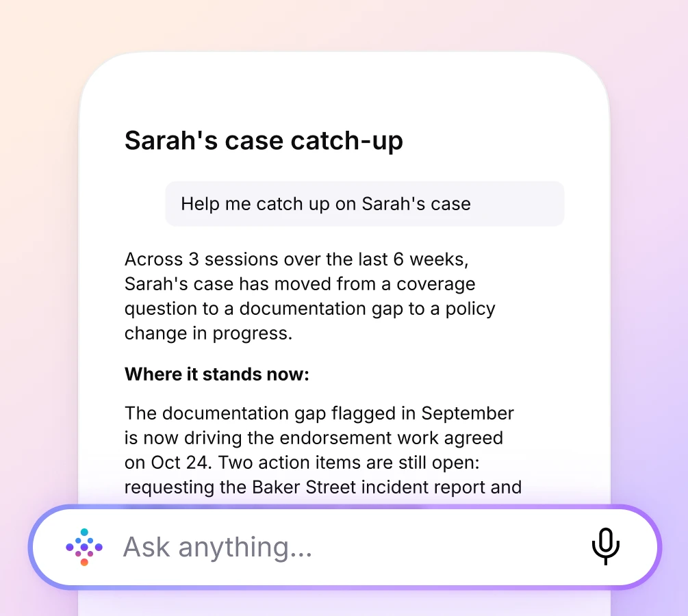 Vibe AI chat interface answering a query to catch up on a client case across multiple past meeting sessions