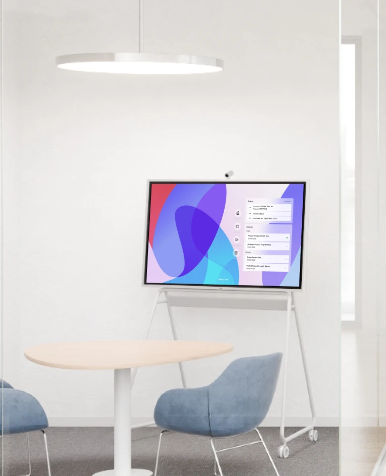 A Vibe smart whiteboard on a stand in a huddle room