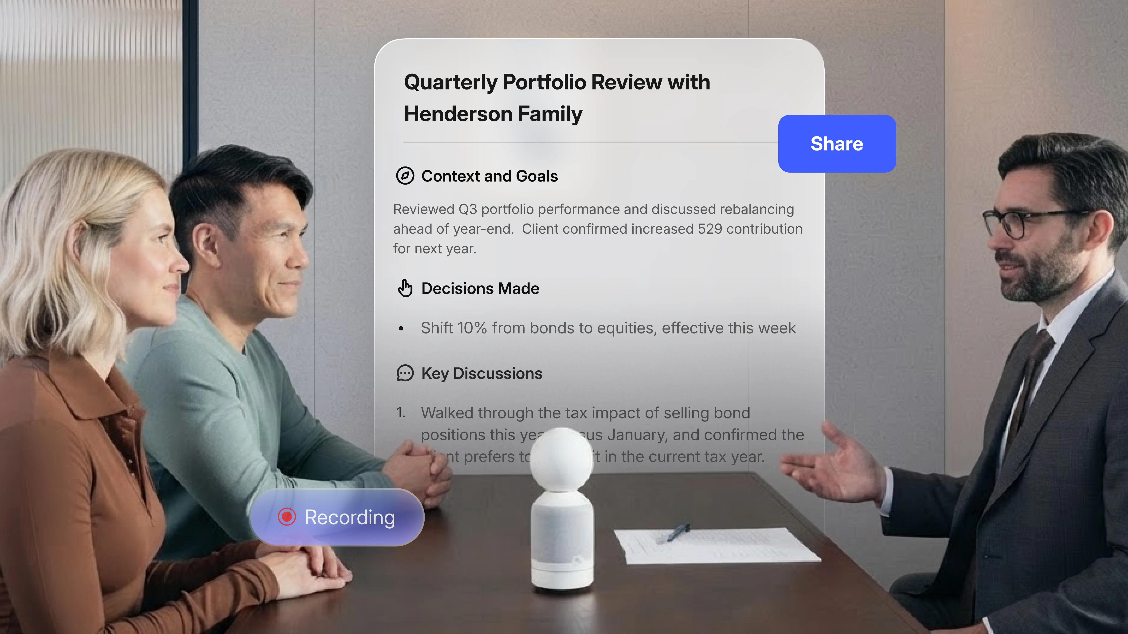 Vibe Bot AI conference device recording client meeting with auto-generated summary, decisions, and key discussion points