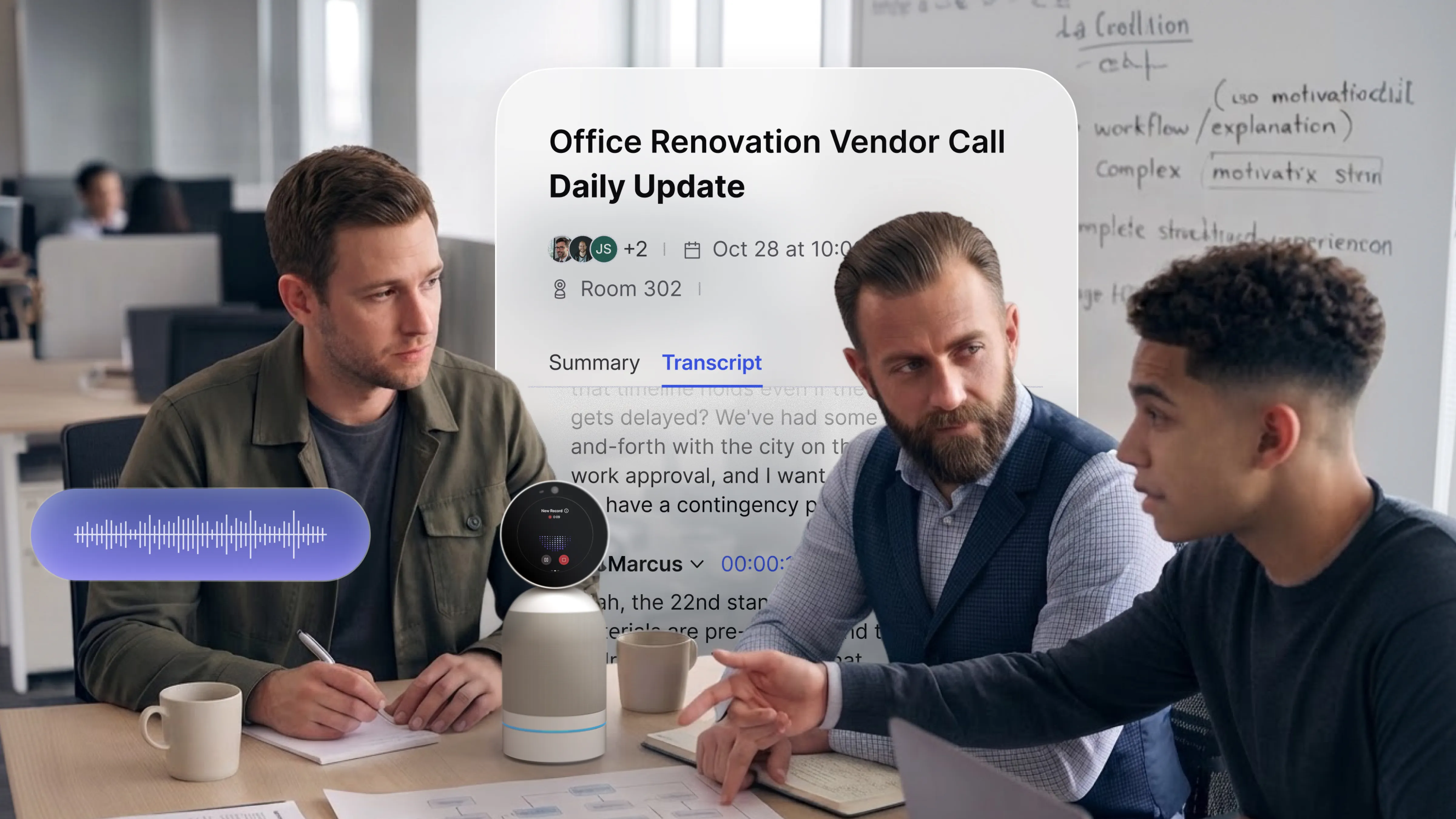 Vibe Bot transcribing a business meeting with live speaker-tagged transcript