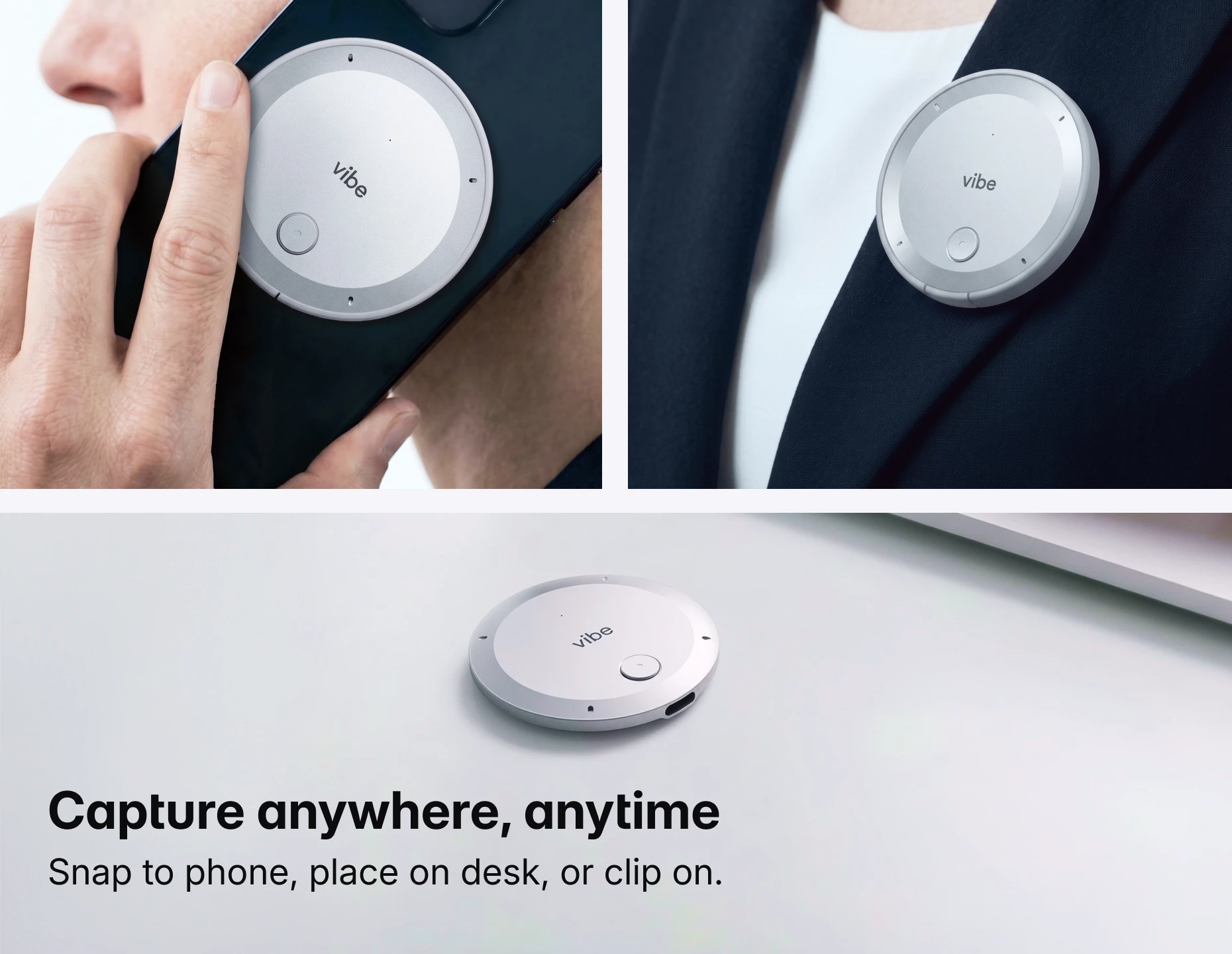 Vibe Dot AI note taking device attached to phone, clipped on jacket lapel, and placed on desk