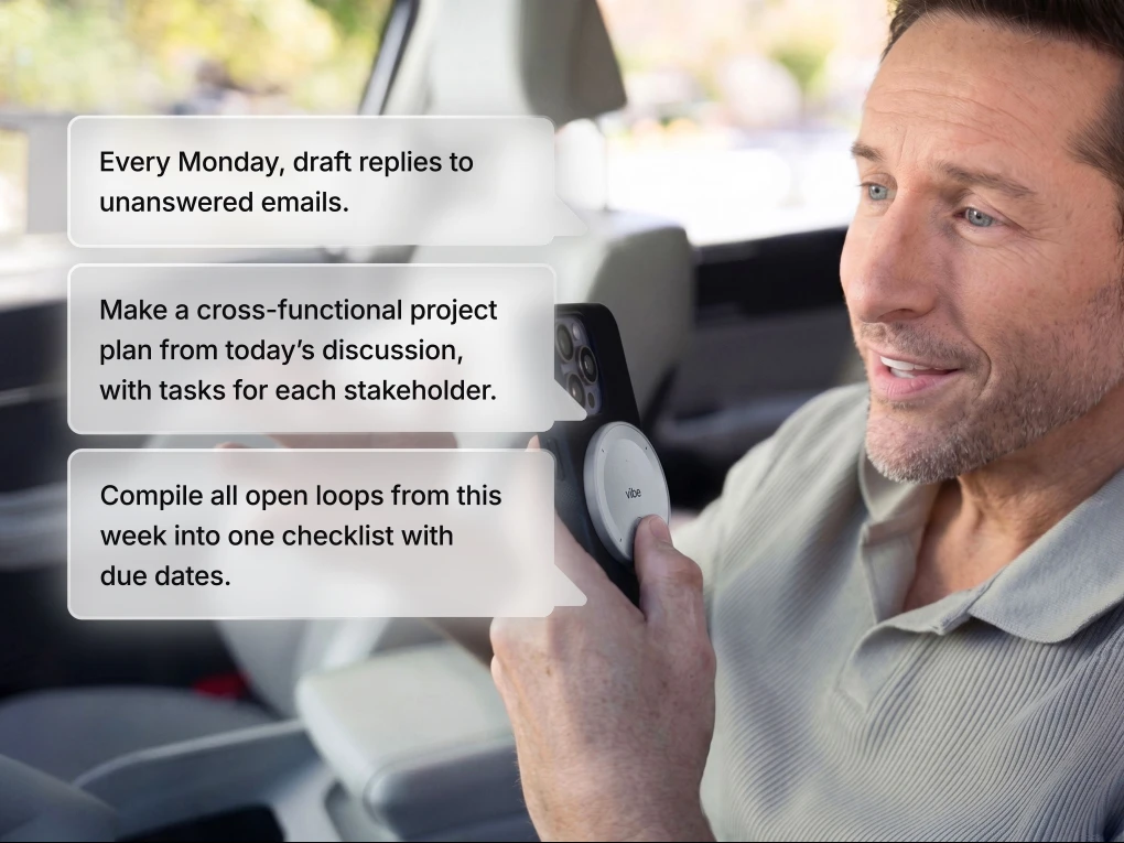 Man giving Vibe Dot voice commands for email drafts and task checklists