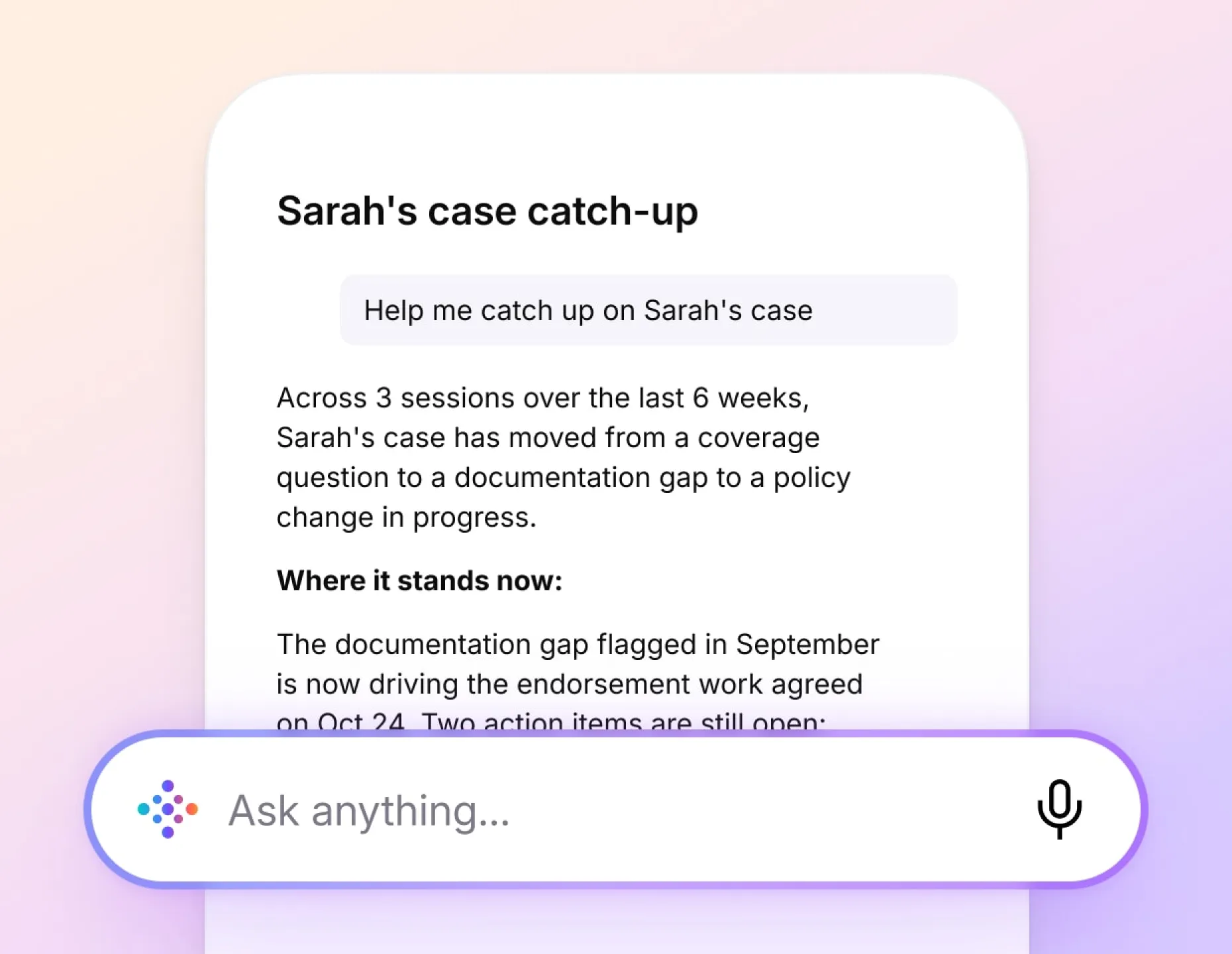 Vibe AI chat interface answering a query to catch up on a client case across multiple past meeting sessions