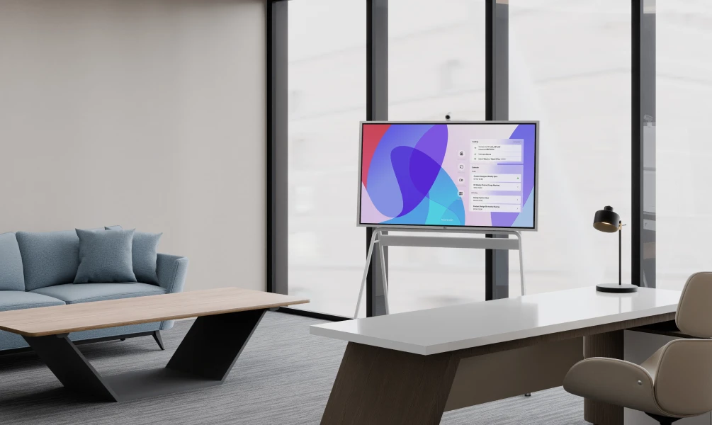 The Vibe Board S1 all-in-one interactive display mounted in a spacious boardroom