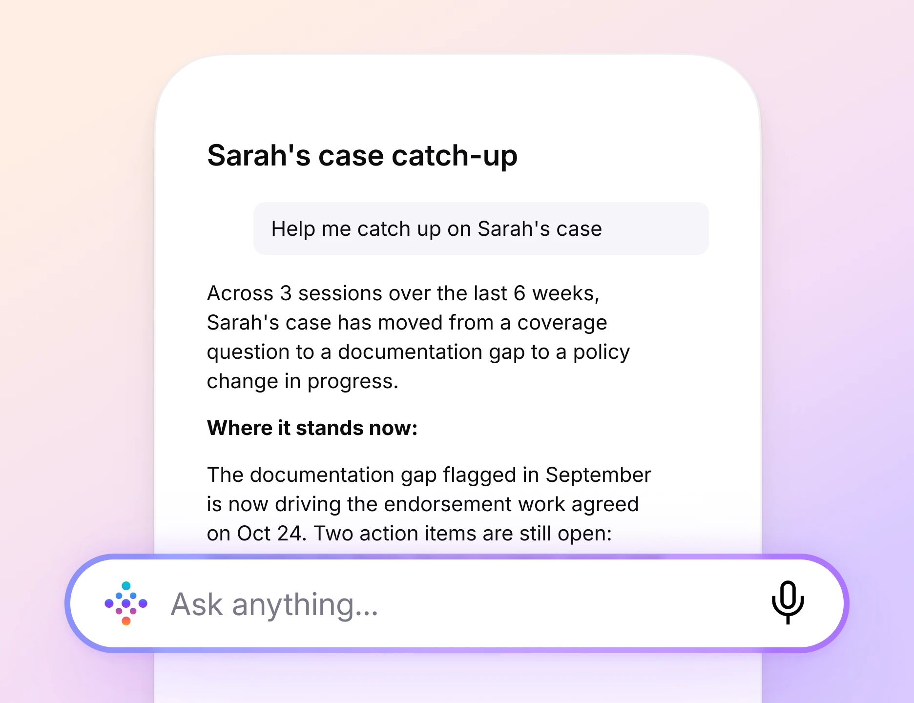 Vibe AI chat interface answering a query to catch up on a client case across multiple past meeting sessions