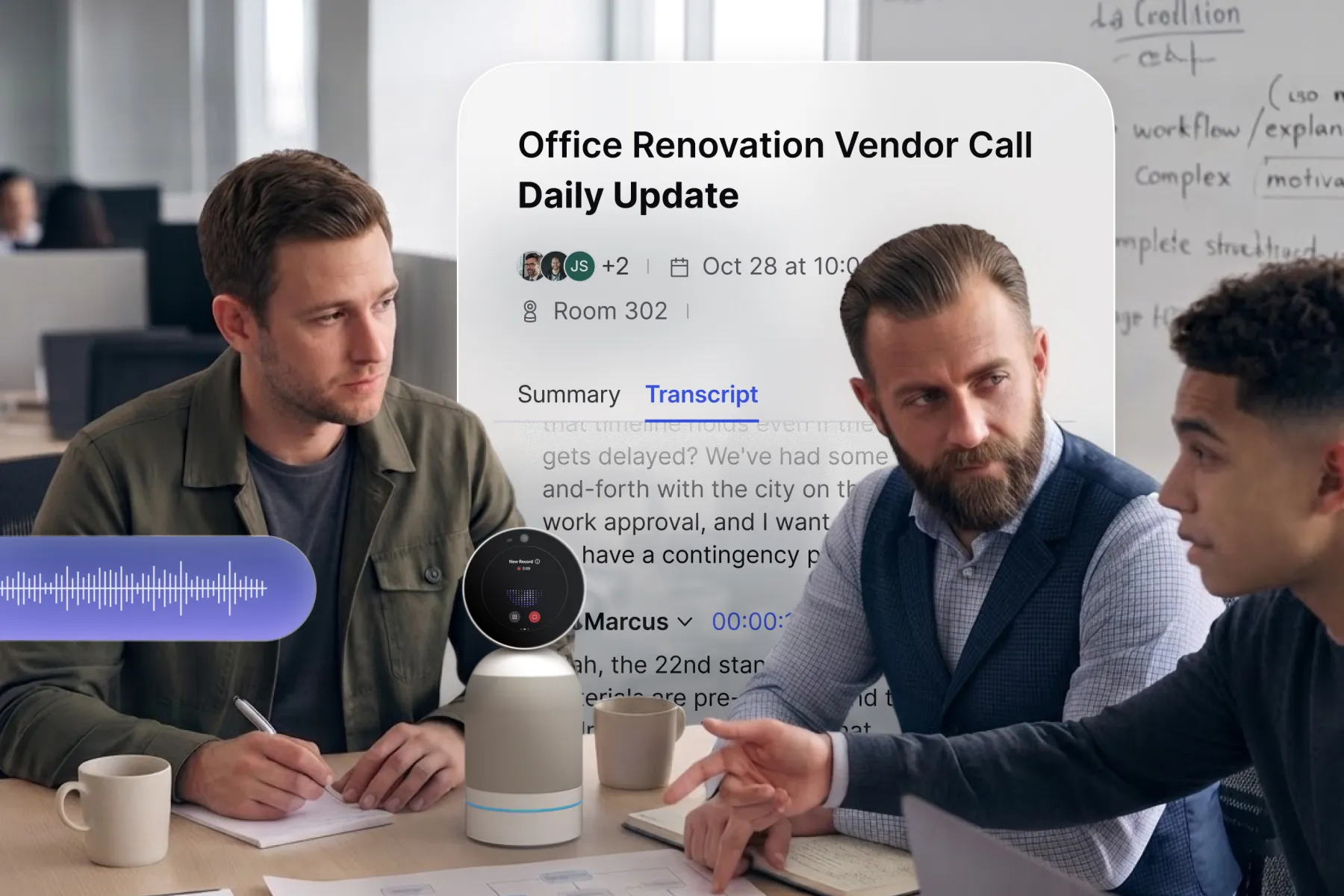 Vibe Bot transcribing a business meeting with live speaker-tagged transcript