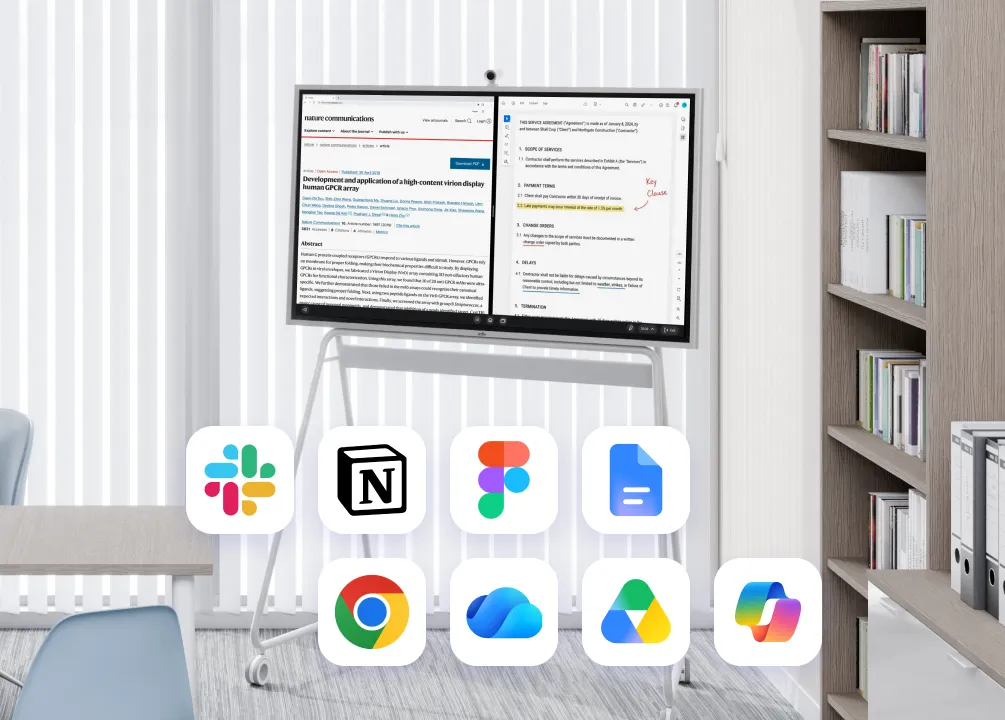 Vibe Board split screen with a research article and annotated contract, plus Slack, Notion, Figma and Chrome icons