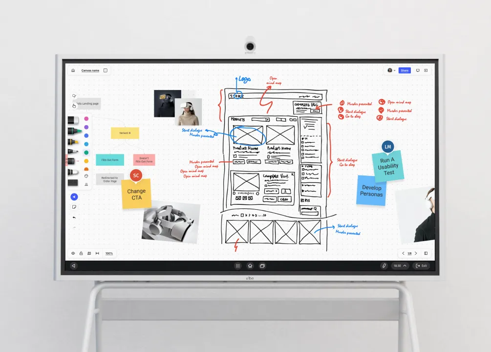 Vibe Board on a rolling stand showing a Vibe Canvas whiteboard with wireframe sketches, sticky notes and annotations