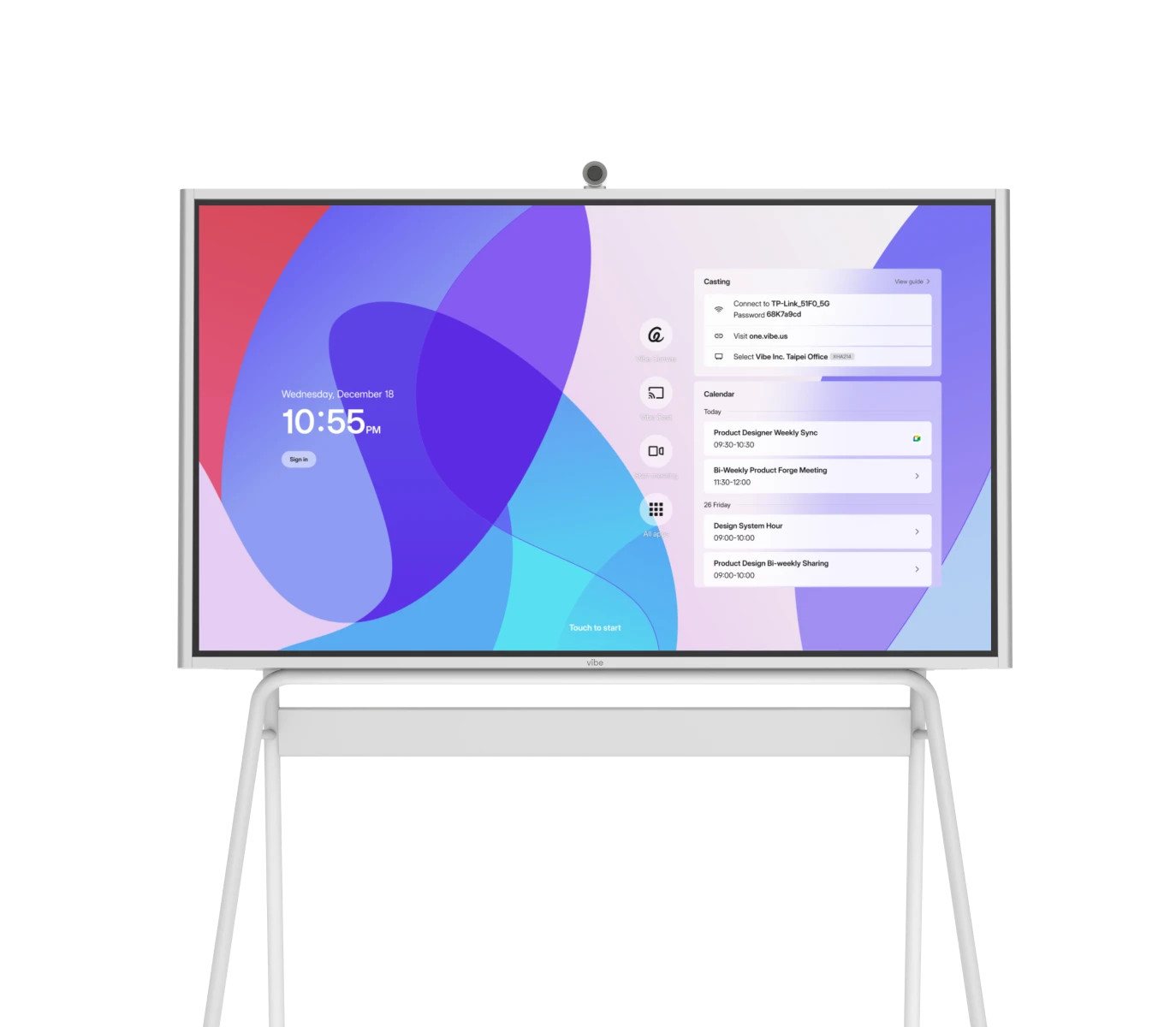 Vibe Board home screen on a rolling stand showing casting instructions and today's meeting calendar