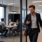 Businessman checking Vibe AI phone notification for meeting summary while leaving office conference room after product sync
