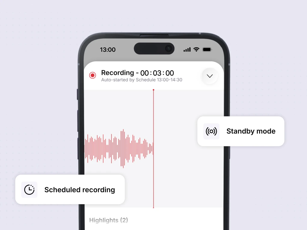 Vibe app screen showing scheduled recording and standby mode features