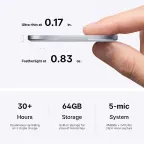 Vibe Dot AI note taker specs: 0.83oz, 0.17in thin, 30+ hour battery, 64GB storage, 5-mic system