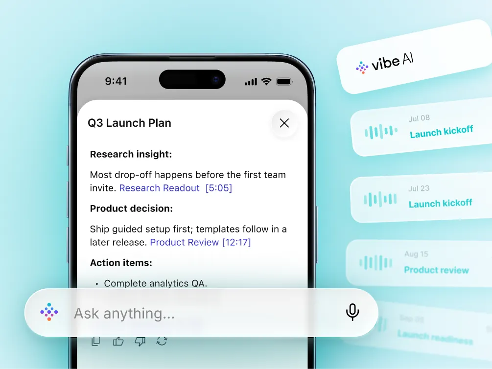 Vibe app meeting transcript with summaries, decisions, and action items tabs
