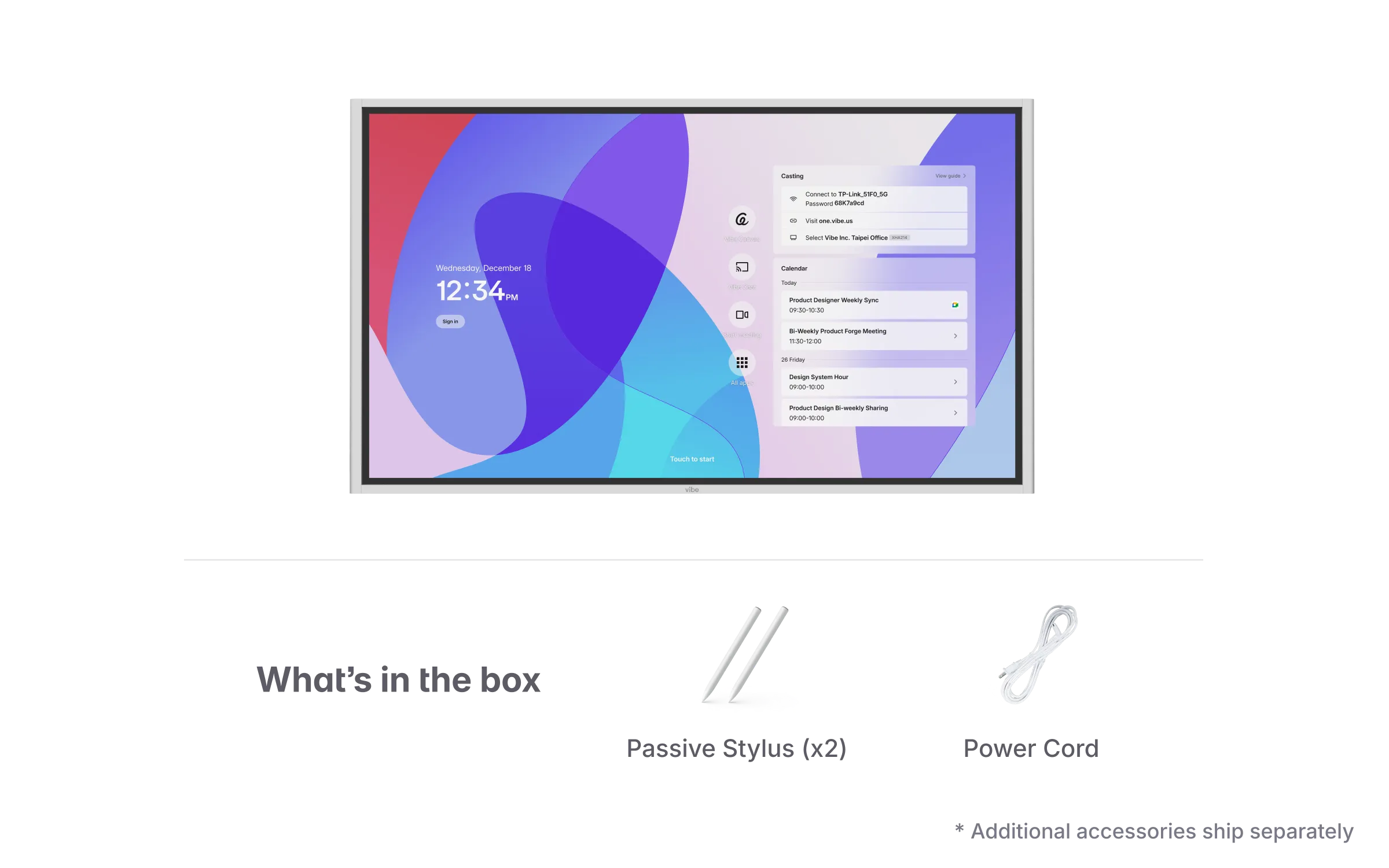 Additional accessories ship separately for the Vibe Board S1 interactive display