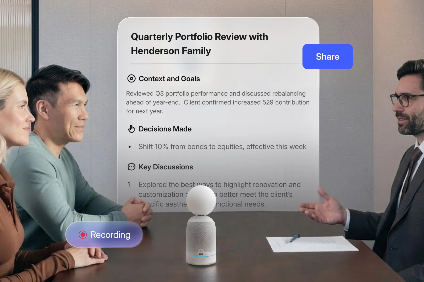 Vibe Bot AI conference camera recording client meeting with auto-generated summary, decisions, and key discussion points