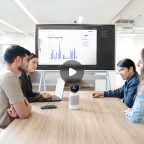 Vibe Bot on conference table connecting in-room team to remote video call participants with AI-powered live notes on screen