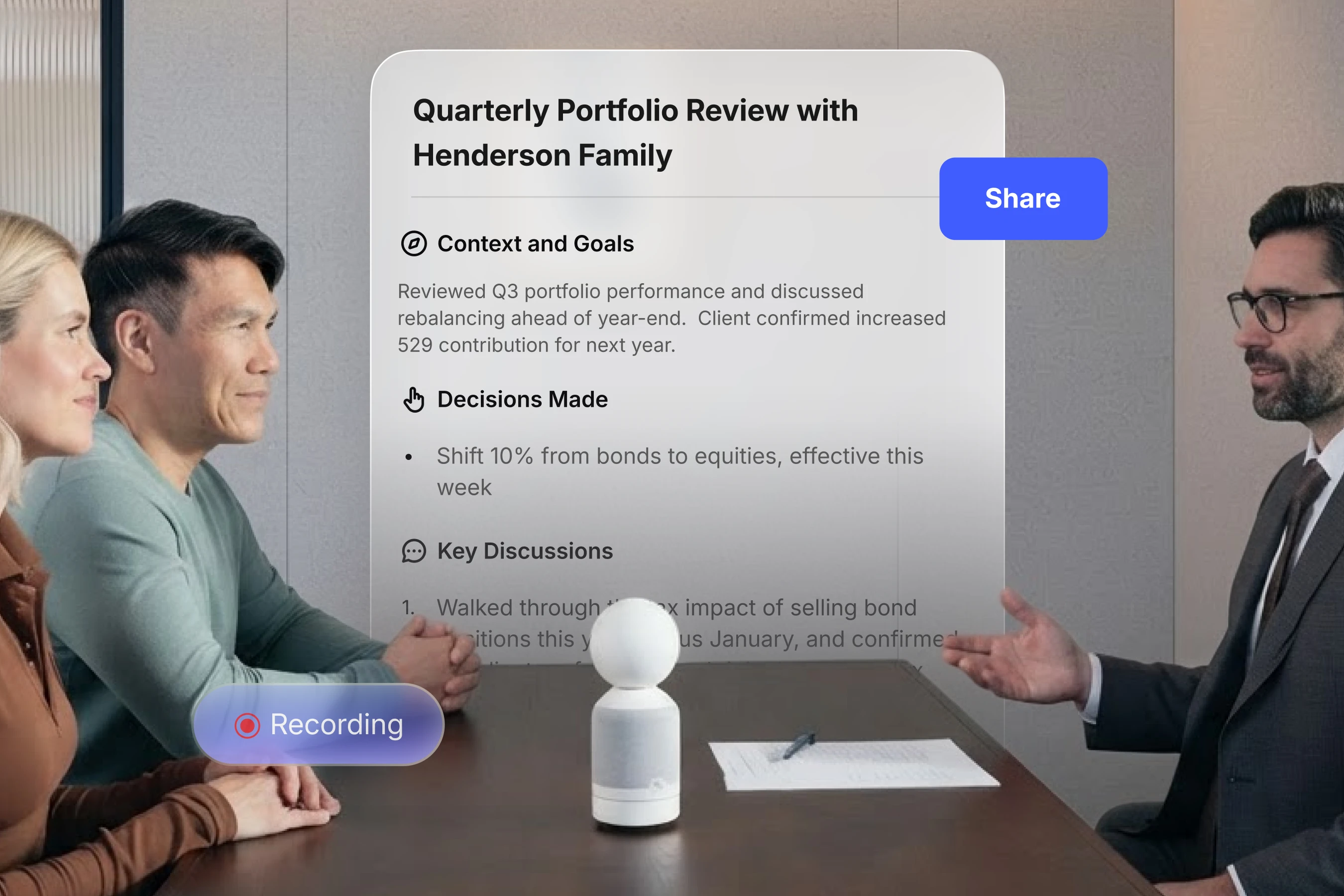 Vibe Bot AI conference camera recording client meeting with auto-generated summary, decisions, and key discussion points