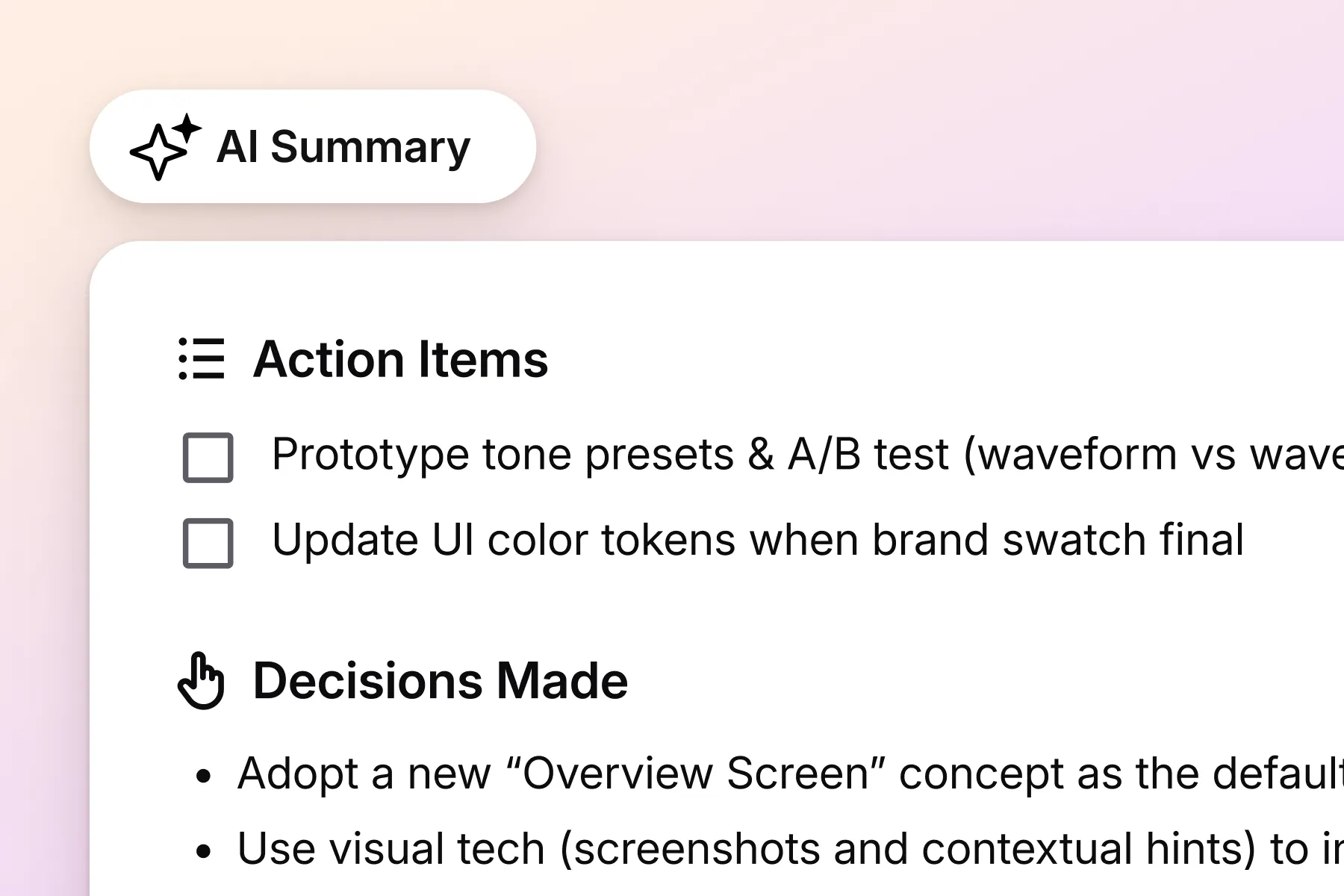 Vibe AI summary with action items