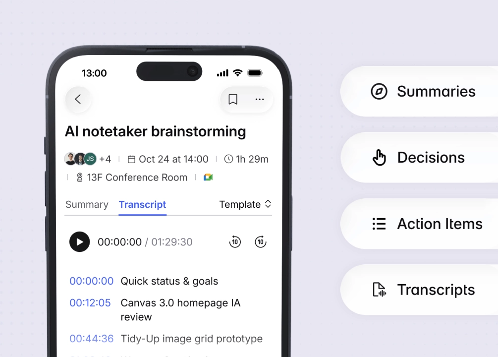 Vibe app meeting transcript with summaries, decisions, and action items tabs