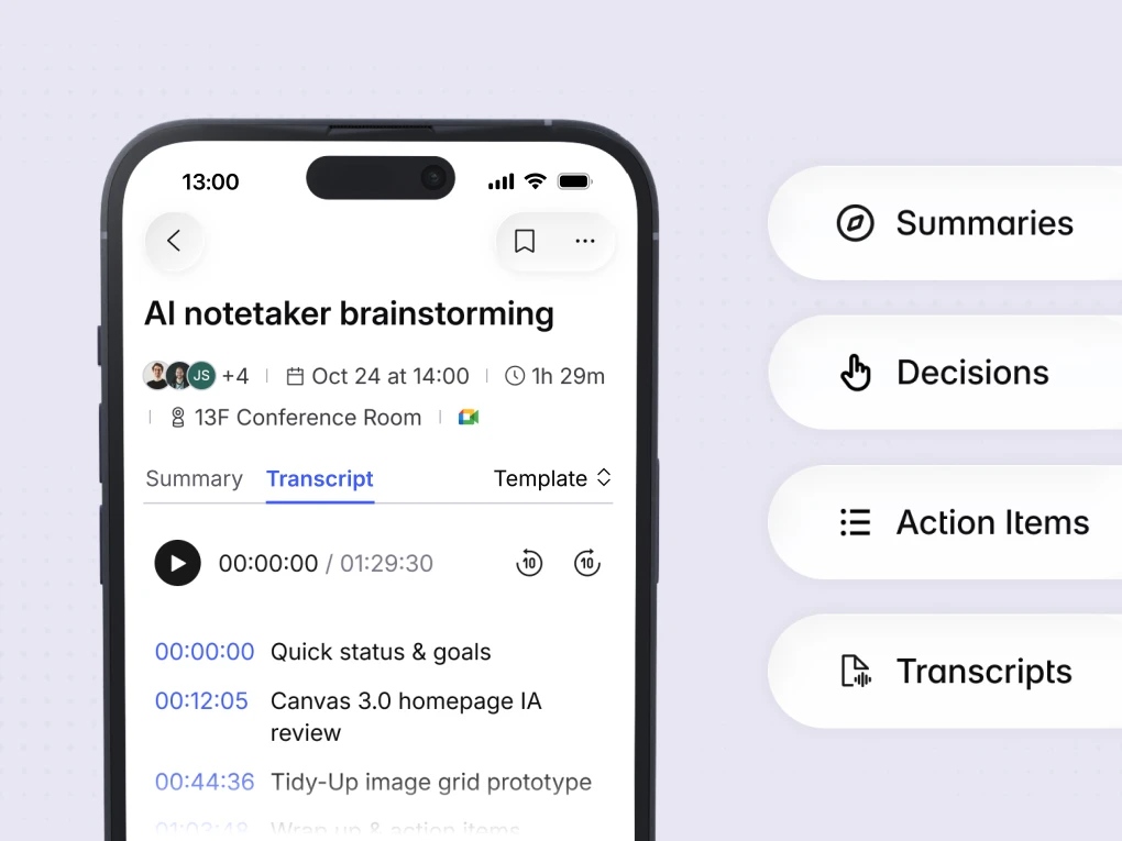Vibe app meeting transcript with summaries, decisions, and action items tabs