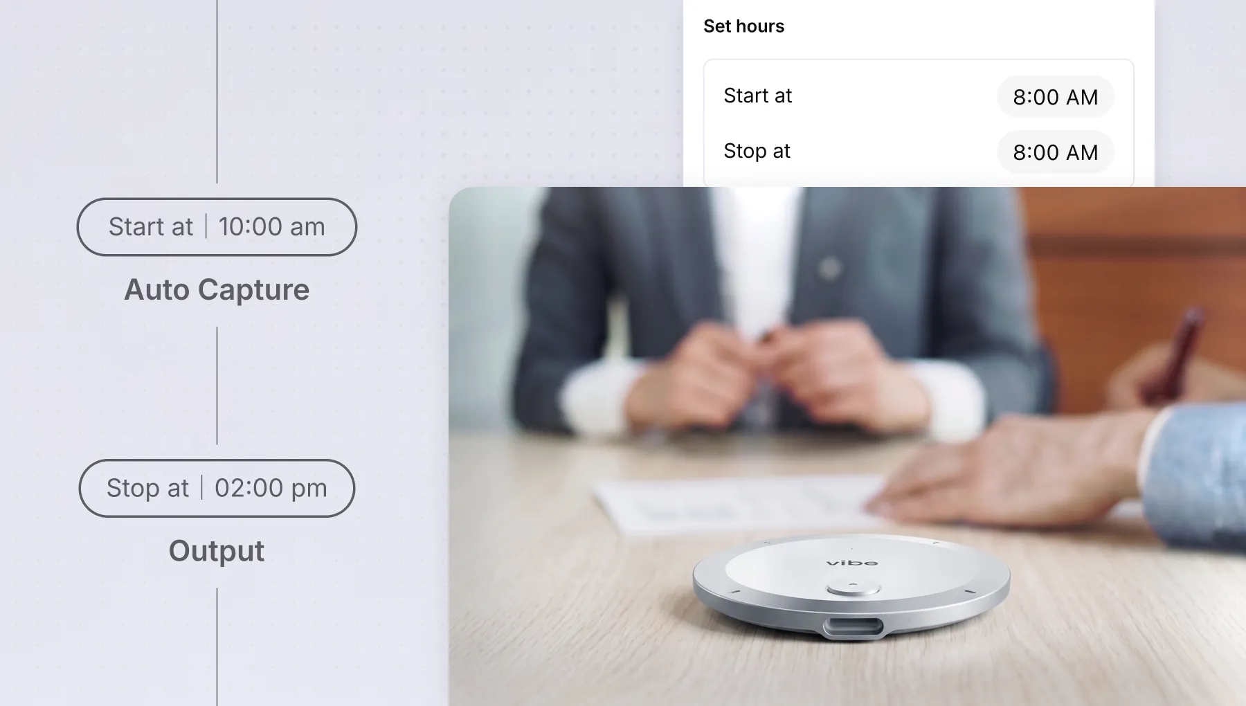 Vibe Dote AI voice recording device on conference table with auto-capture scheduling for meetings