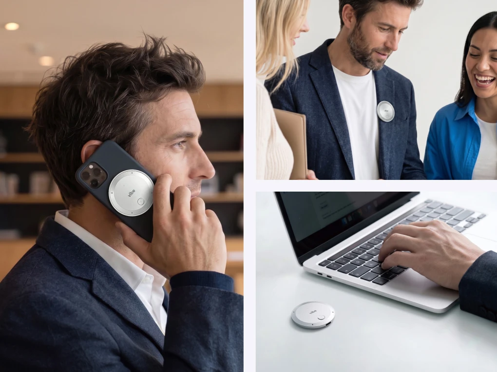 Vibe Dot AI voice recorder on phone call, clipped during meeting, and beside laptop