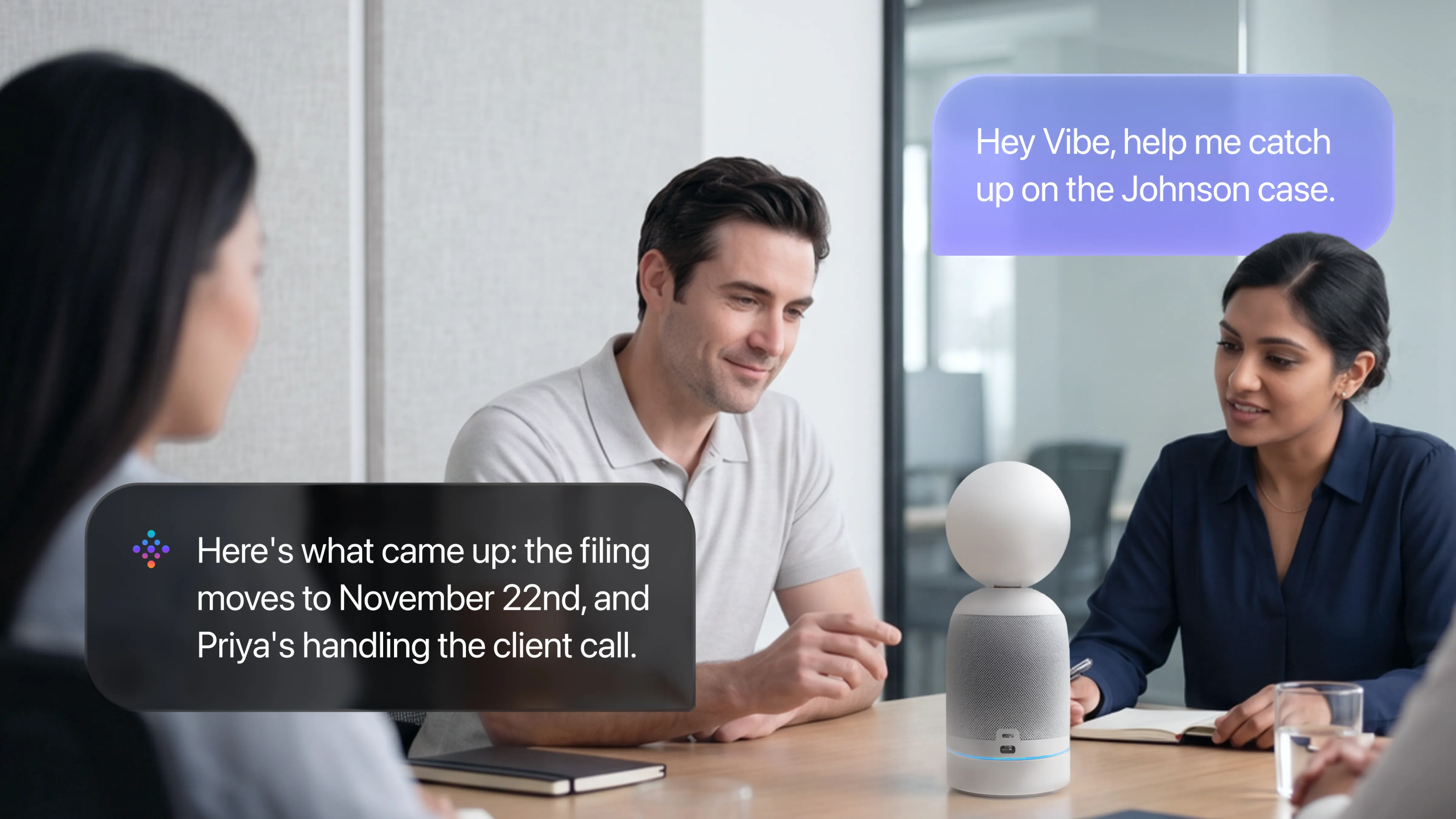 Vibe Bot AI assistant answering voice query with meeting summary, action items, and owner assignments in conference room