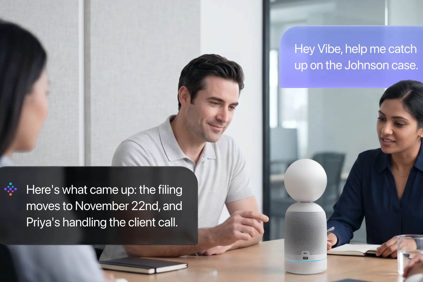 Vibe Bot AI meeting assistant answering voice query with meeting summary, action items, and owner assignments in conference room