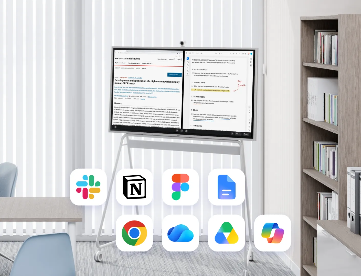 Vibe Board split screen with a research article and annotated contract, plus Slack, Notion, Figma and Chrome icons