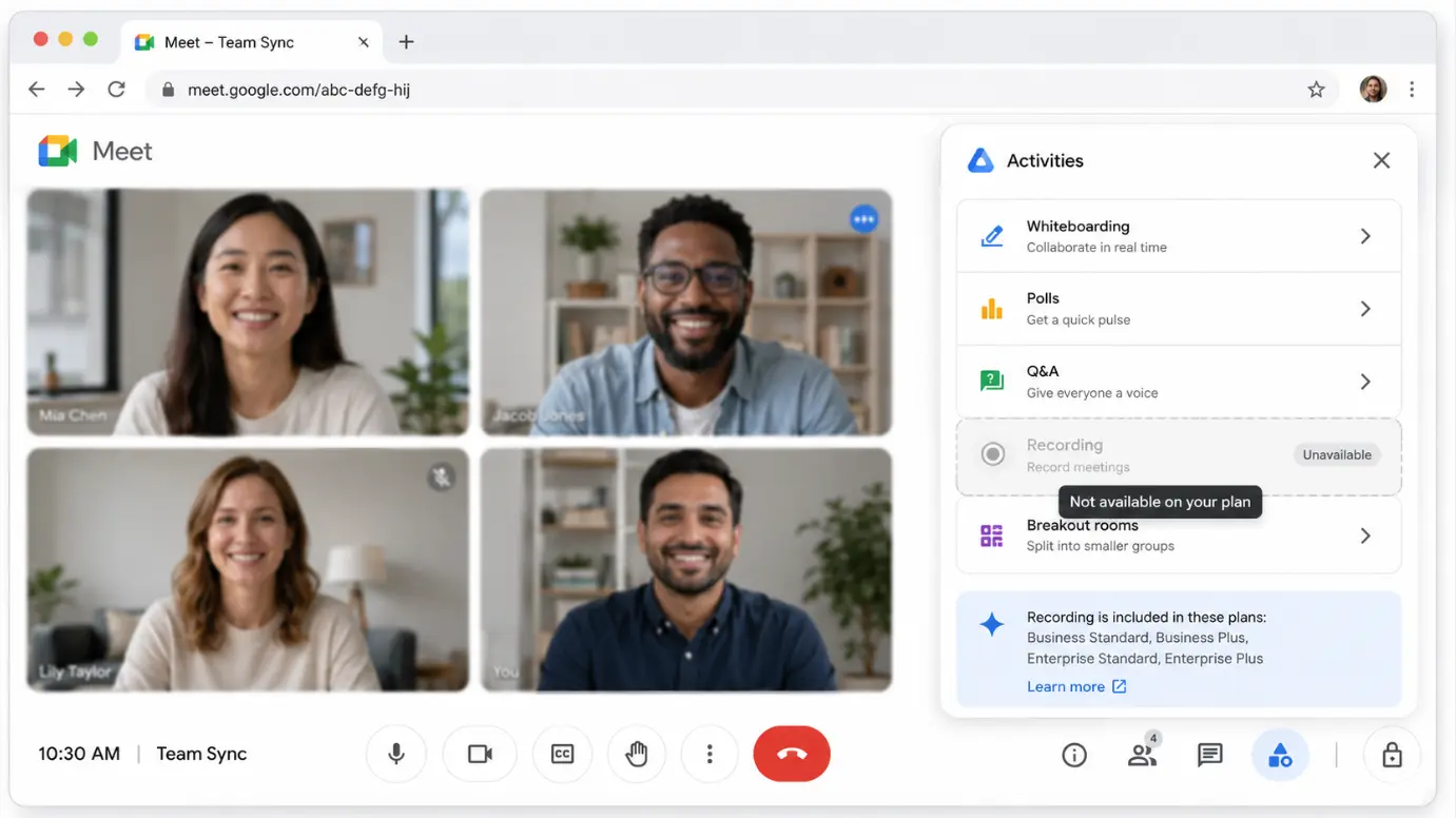 Google Meet Activities panel with Recording option highlighted