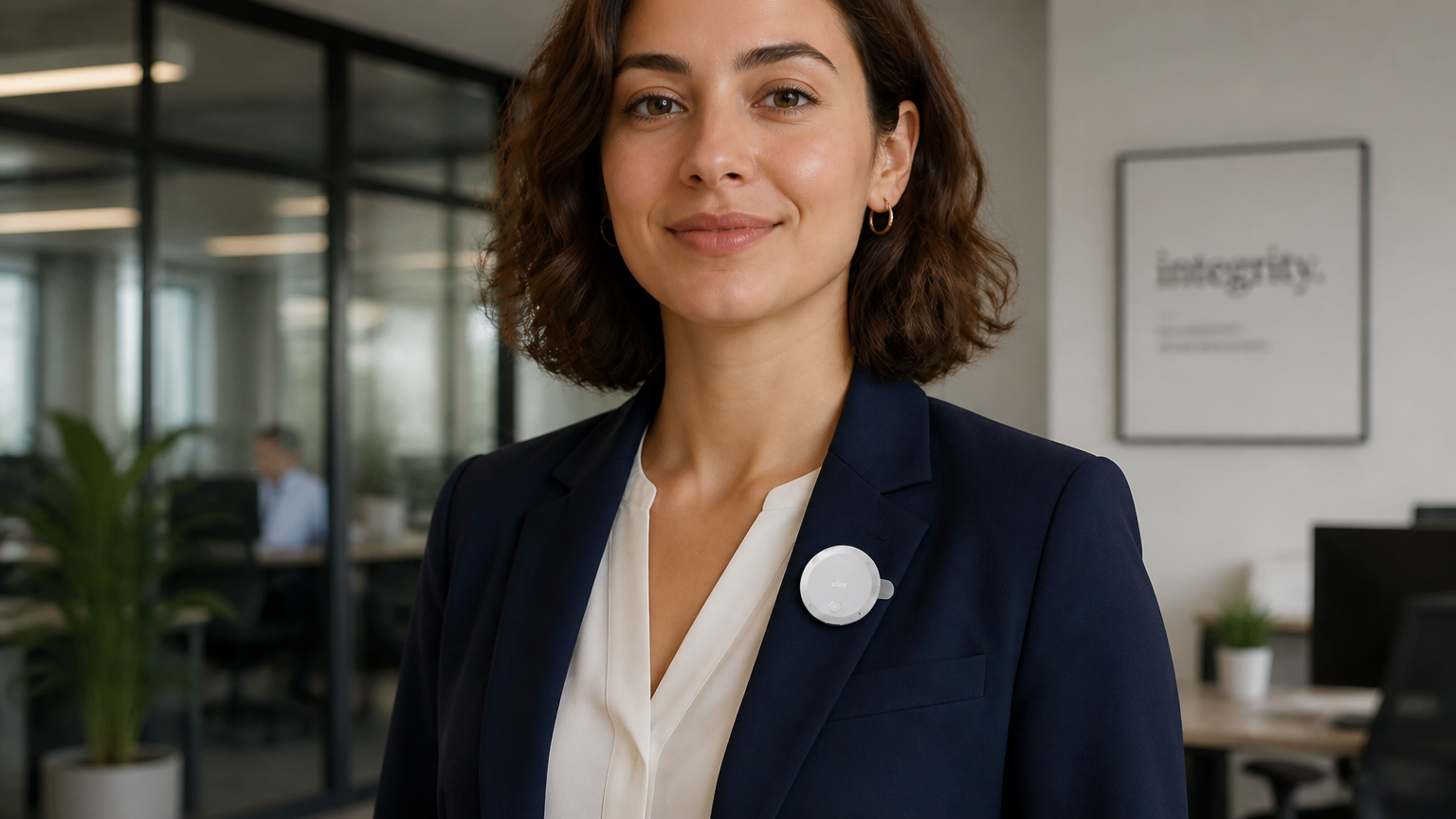 Vibe Dot wearable AI device clipped to a professional's lapel, office environment in the background, showing the small circular device with its minimalist design.
