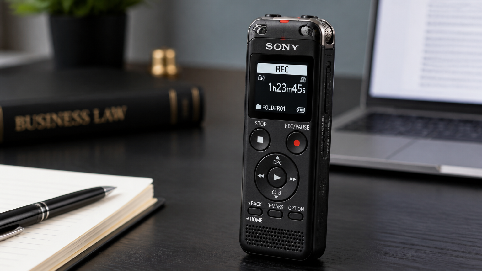 A traditional Sony or Olympus digital voice recorder on a professional desk, handheld form factor with physical buttons