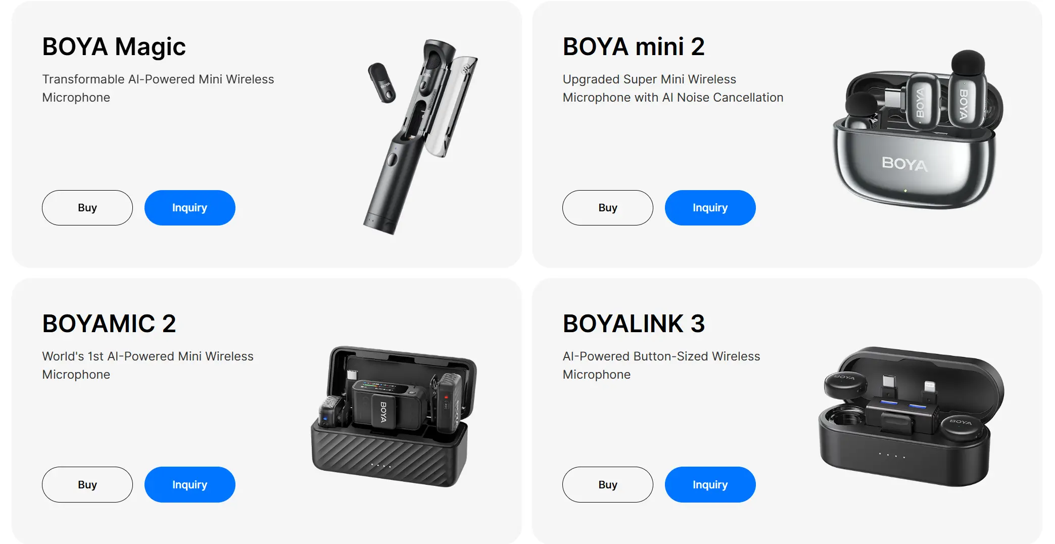 BOYA wireless microphone lineup: Magic, mini 2, MIC 2, and LINK 3 AI-powered mini mic product grid