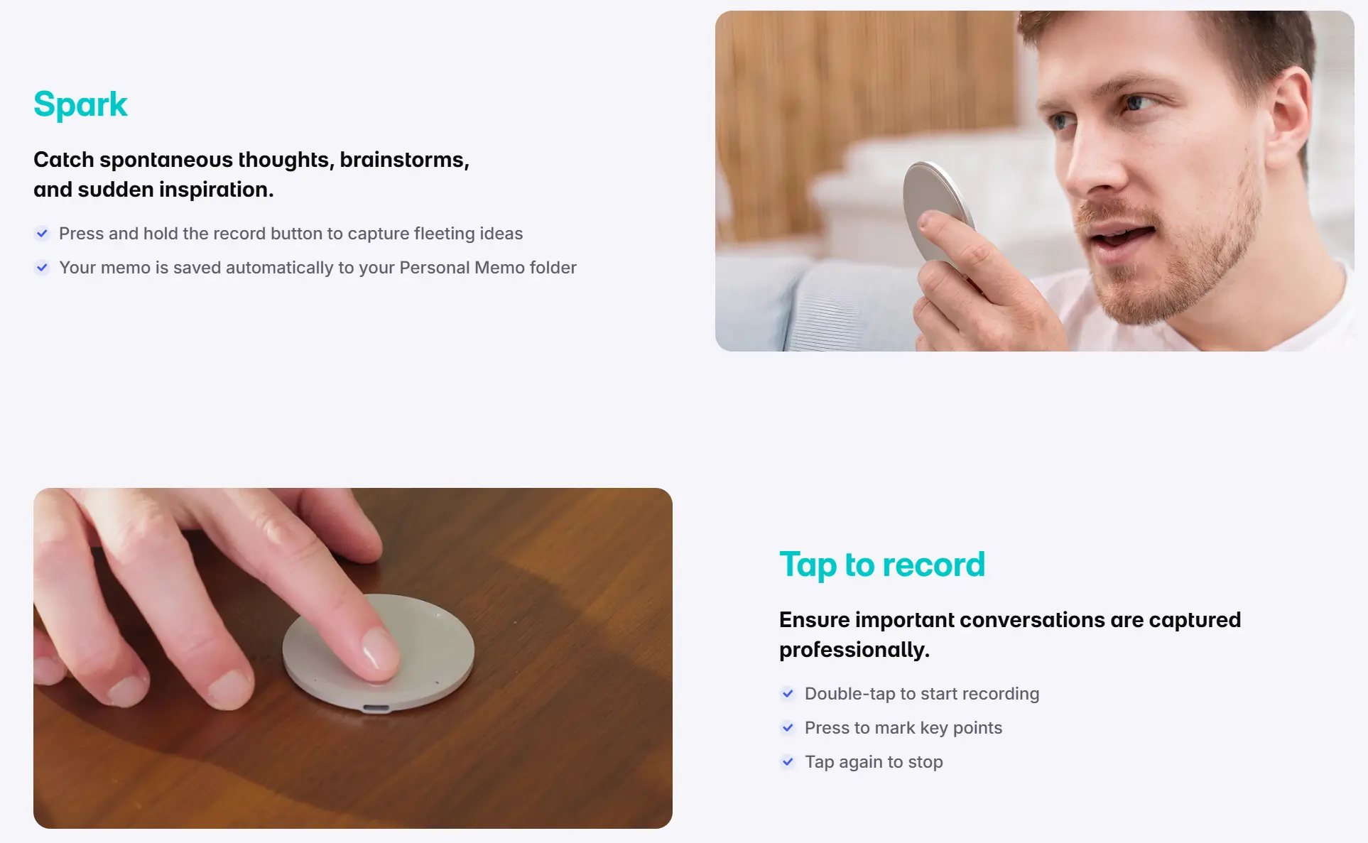 Vibe Dot Spark and tap-to-record modes shown with voice memo and meeting capture use cases