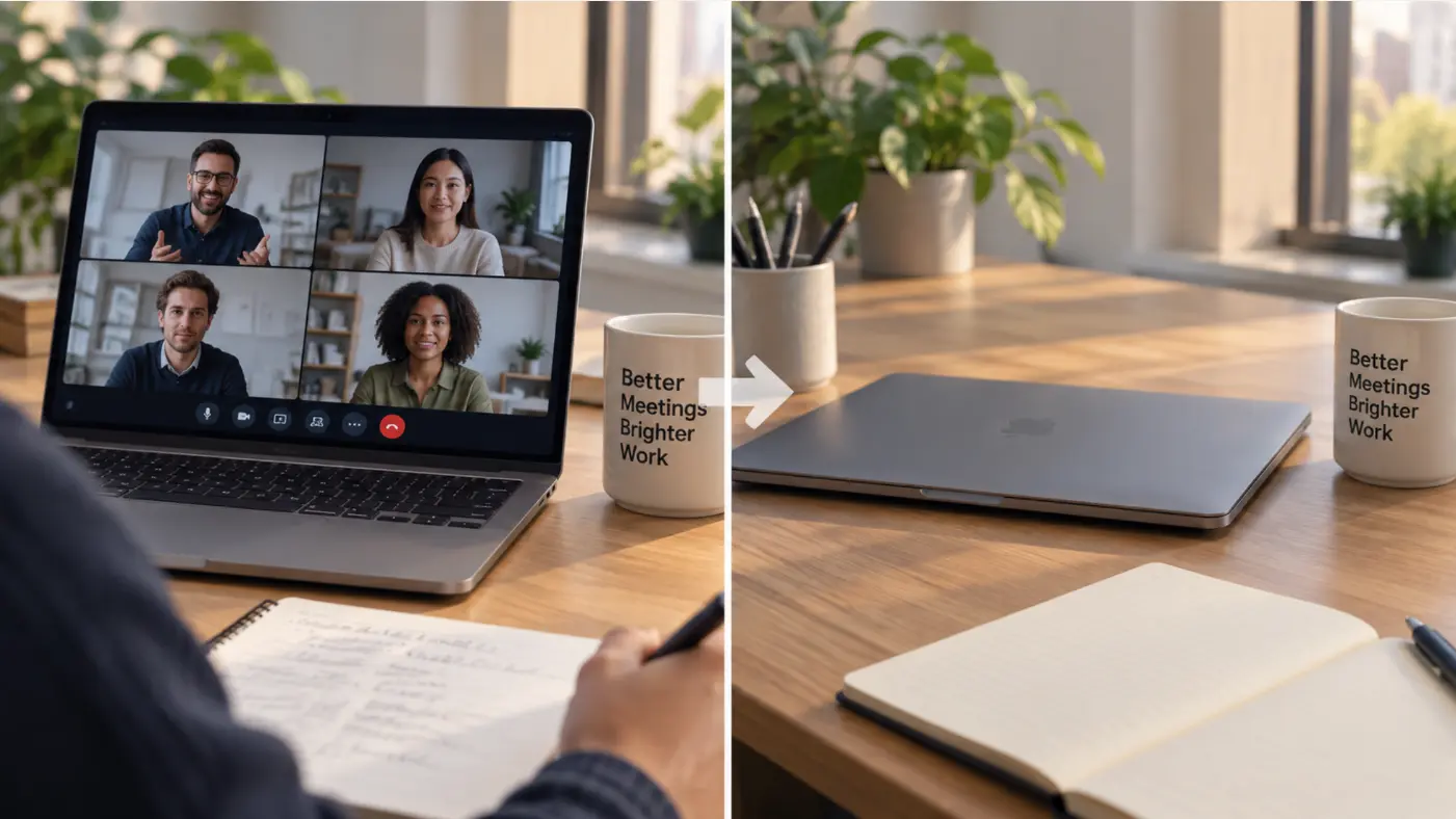 A split screen, on which left shows a laptop screen with a meeting in progress; right shows the same laptop closed, with a blank desk where the commitment was