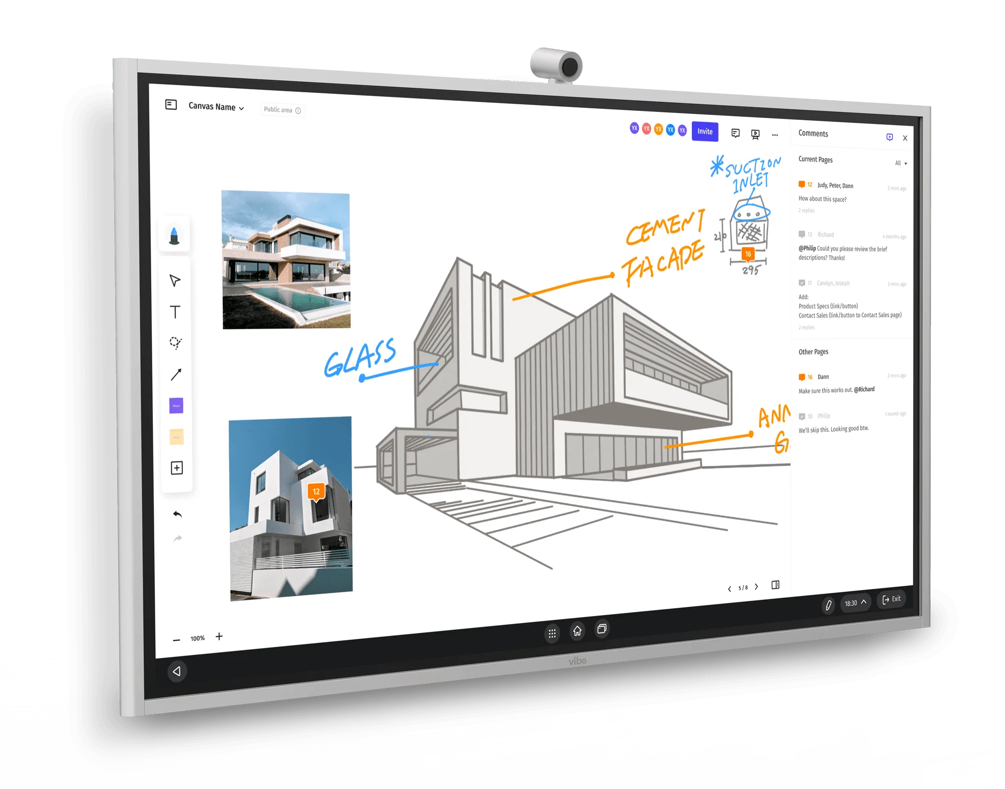 Vibe Board displaying an architectural sketch with material annotations and team comments on Vibe Canvas