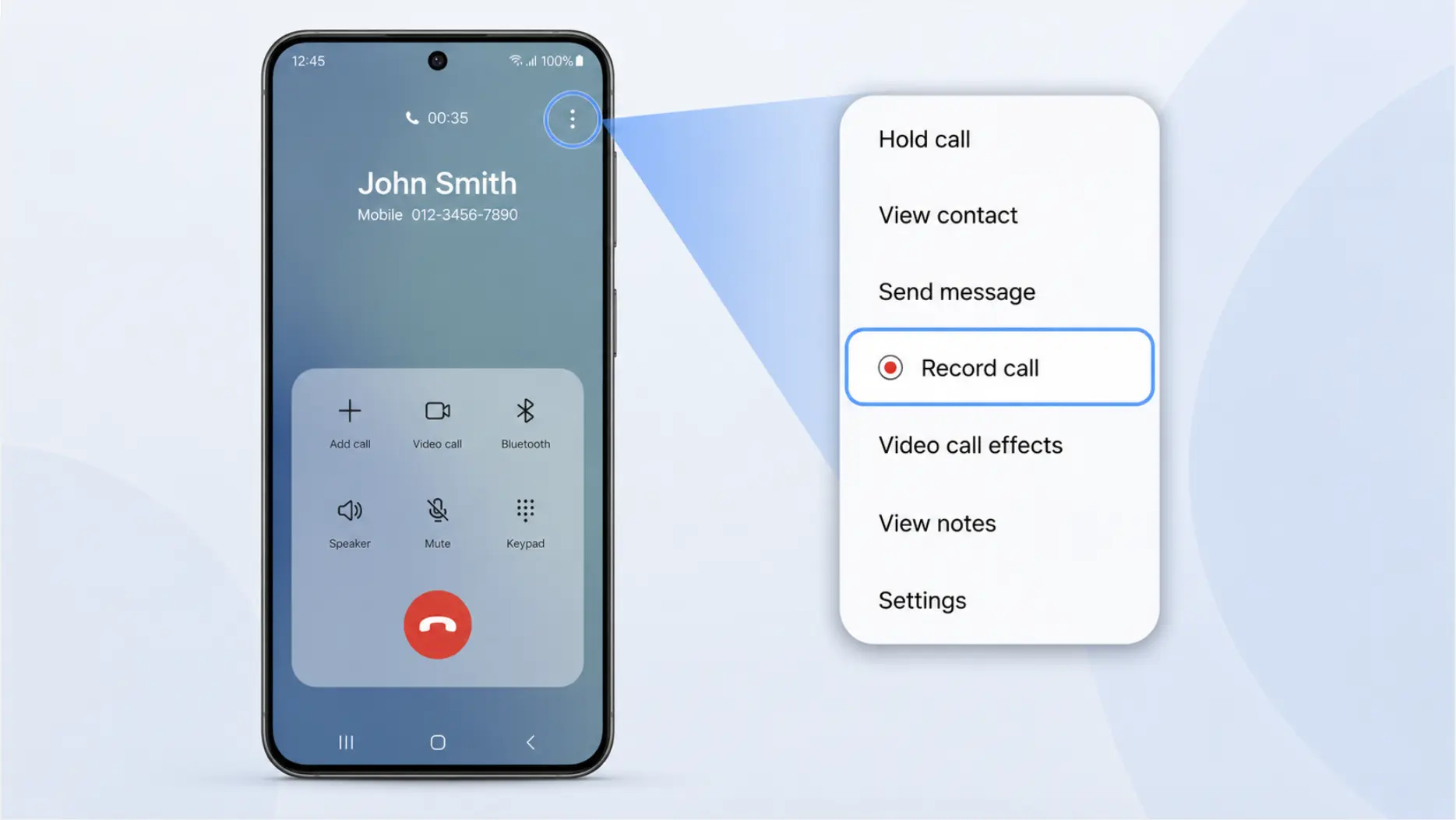 How to tap Record call on a Samsung Galaxy One UI 7 call screen