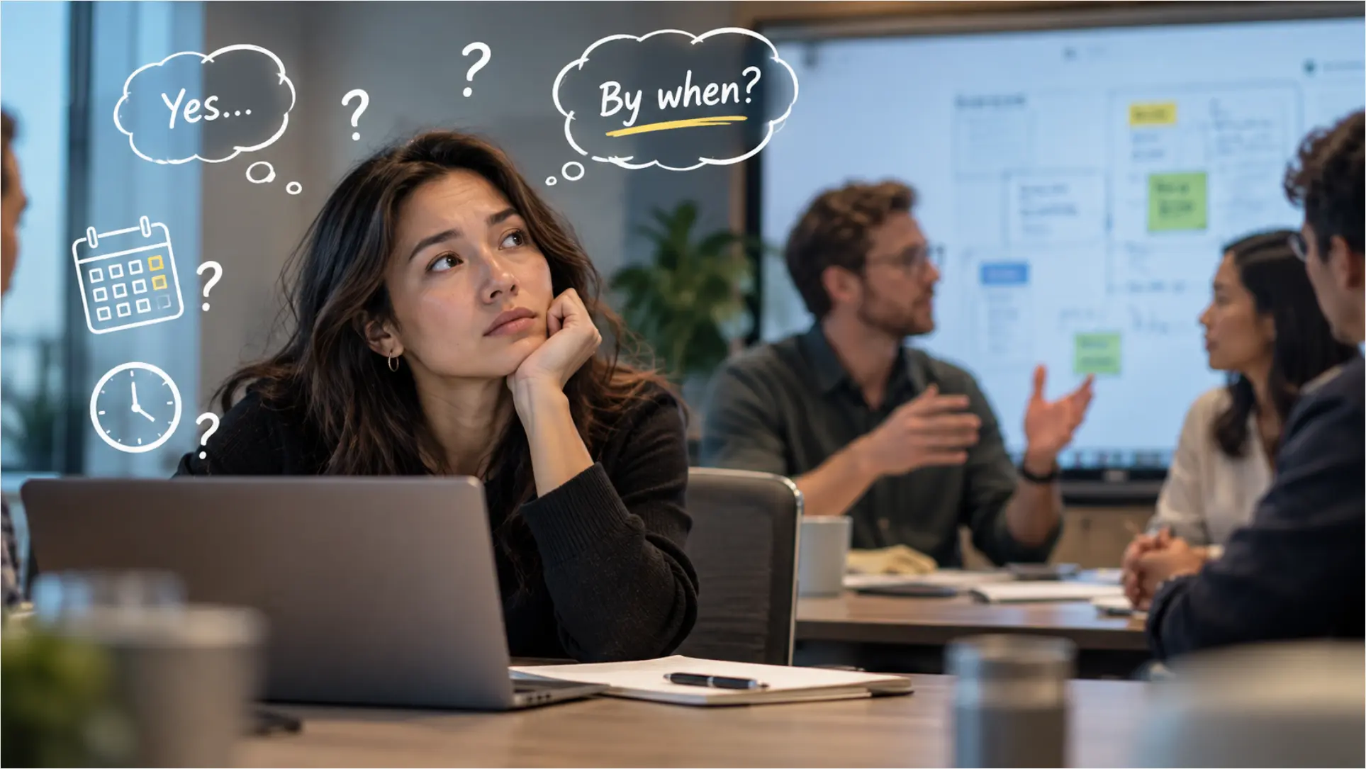 Woman in team meeting looking overwhelmed by unresolved action items, thought bubbles showing Yes, By when, calendar and clock icons