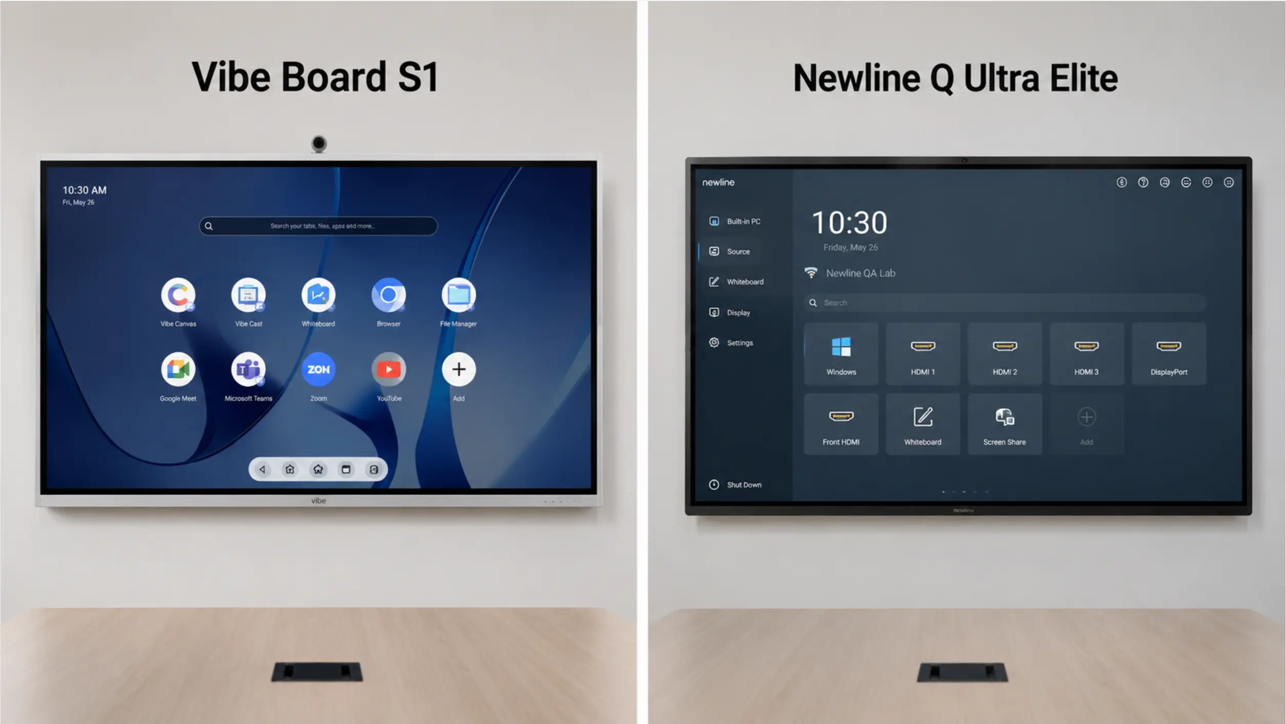 Side-by-side photo of Vibe Board S1 and Newline Q Ultra Elite mounted in similar conference rooms