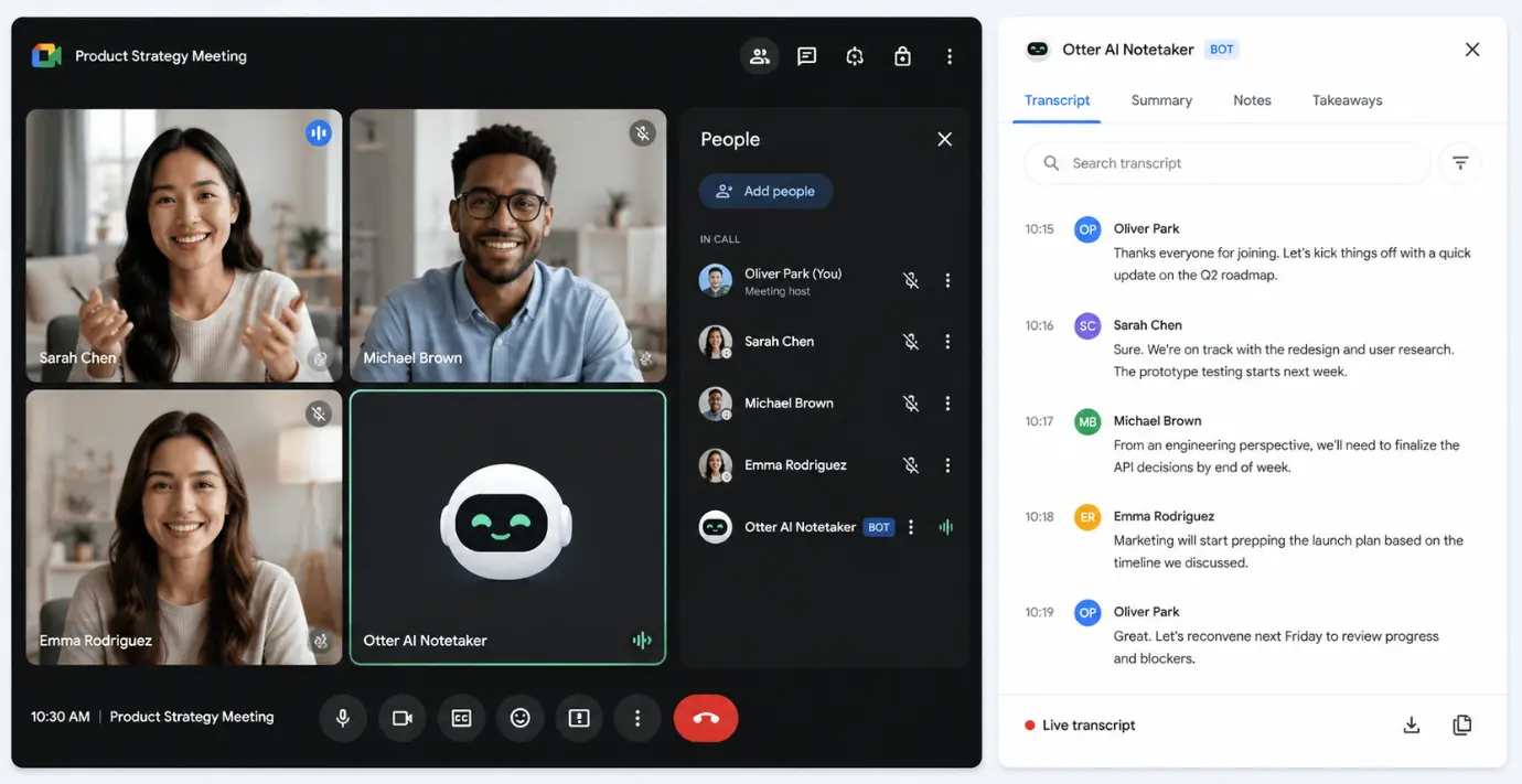 AI note taker bot generating a transcript during a Google Meet session