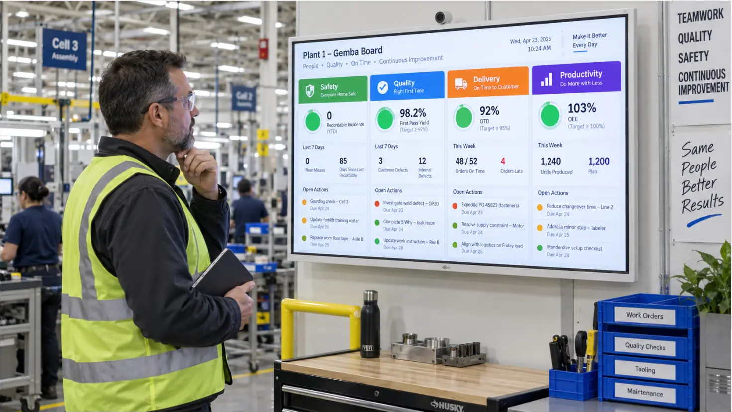 A Vibe Board mounted at a manufacturing workstation area showing a Gemba board layout — safety, quality, delivery, and productivity columns with current status indicators