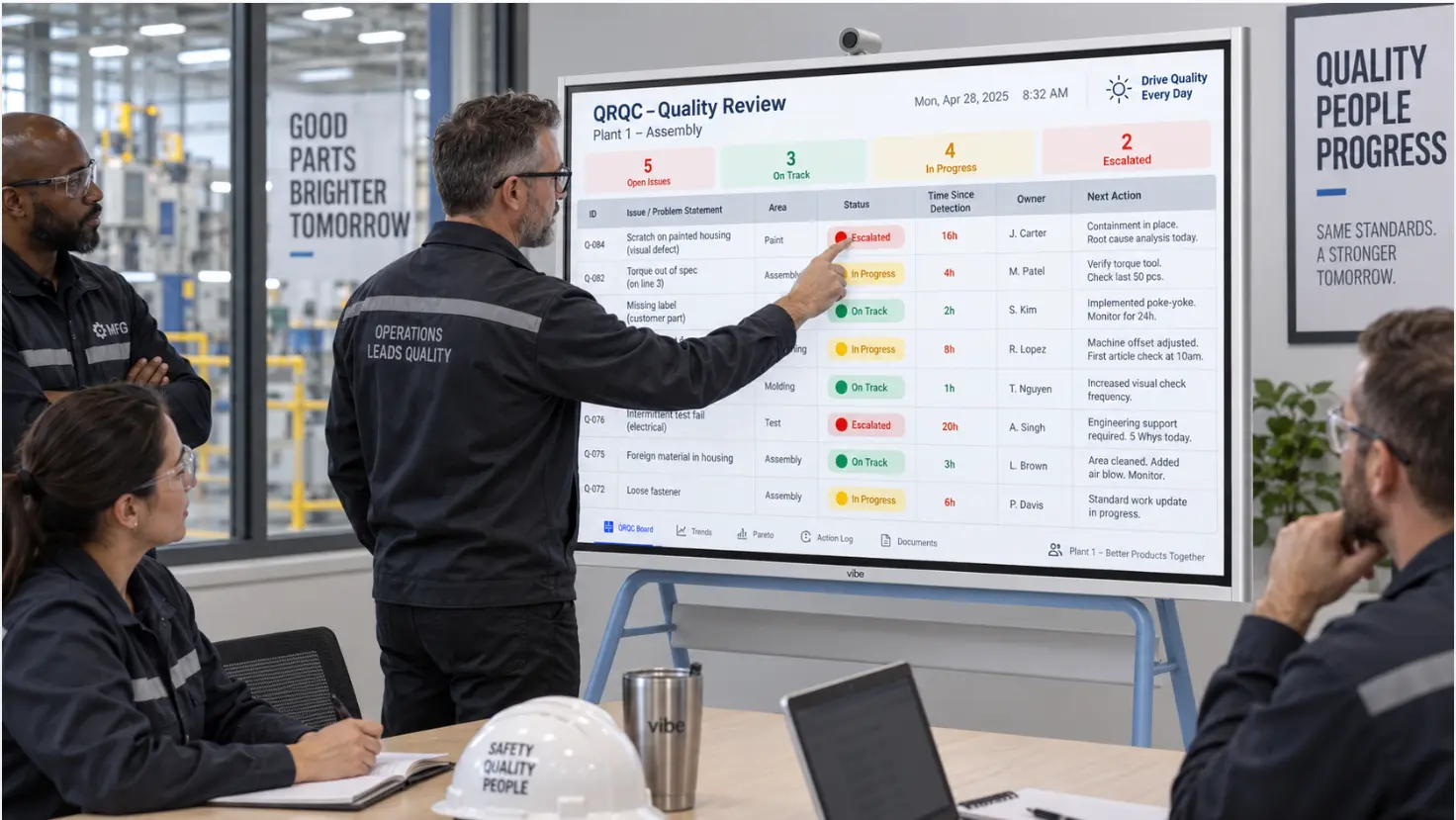 A Vibe Board showing a QRQC board layout — tiered sections with open issues, color-coded escalation status (green/amber/red), time-since-detection column, and issue owner